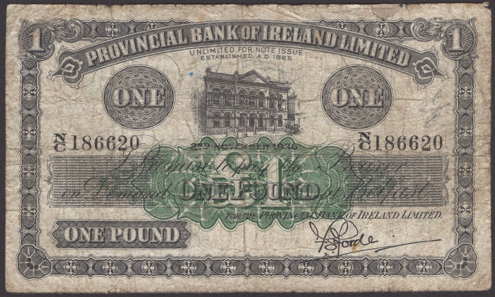 Provincial Bank of Ireland Ltd, Â£1, 2 November 1936, serial number N/C 186620, Forde signatu...