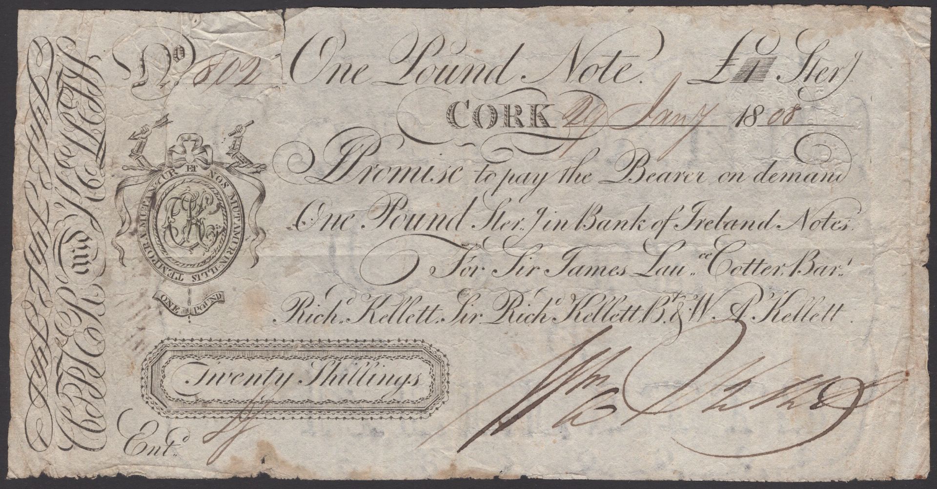 Cork Bank, for Cotter, Kelletts, Â£1 (20 shillings), 29 January 1808, serial number 802, fine...