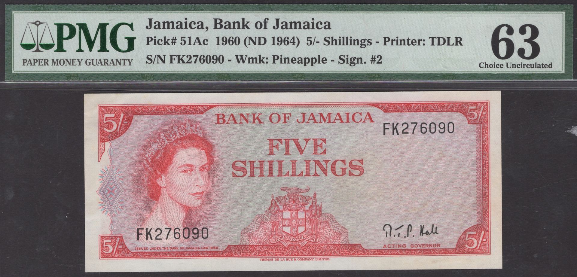 Bank of Jamaica, 5 Shillings, 1960, serial number FK 276090, Hall signature, in PMG holder 6...