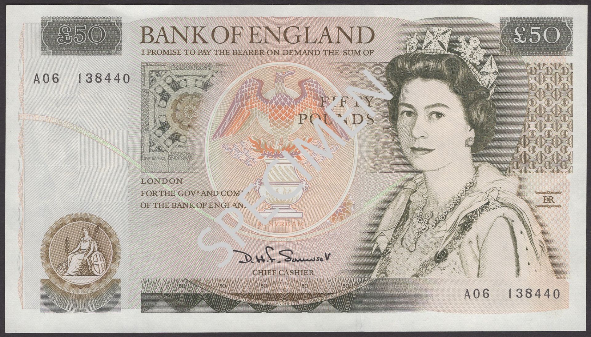 Bank of England, David H. F. Somerset, Â£50, 20 March 1981, serial number A06 138440, about u...