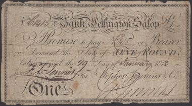 Bank Wellington Salop, for Stephen Jennins & Co., Â£1, 29 January 1813, serial number C1415,...