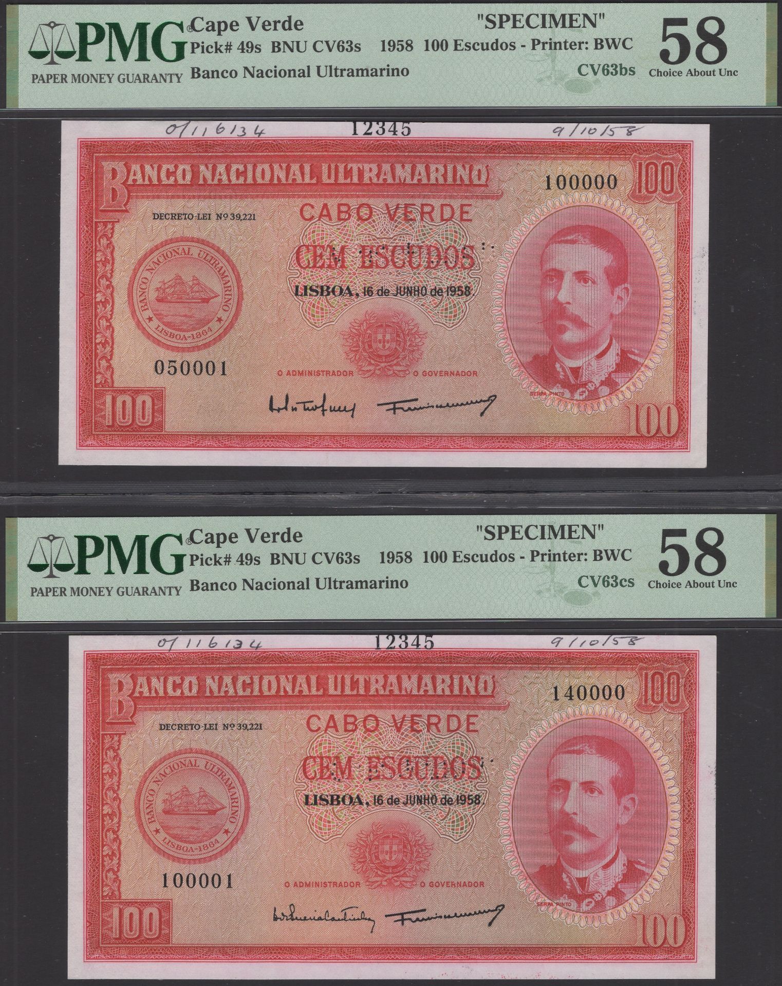 Banco Nacional Ultramarino, Cape Verde, printers archival specimen 100 Escudos (3), 16 June...