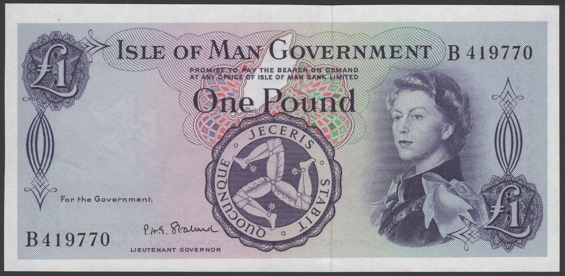 Isle of Man Government, P.H.G. Stallard, Â£1, 14 December 1967, serial number B419770, uncirc...