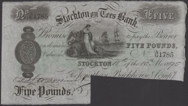 Stockton on Tees Bank, for Jonathan Backhouse & Company, Â£5, 18 October 1895, serial number...