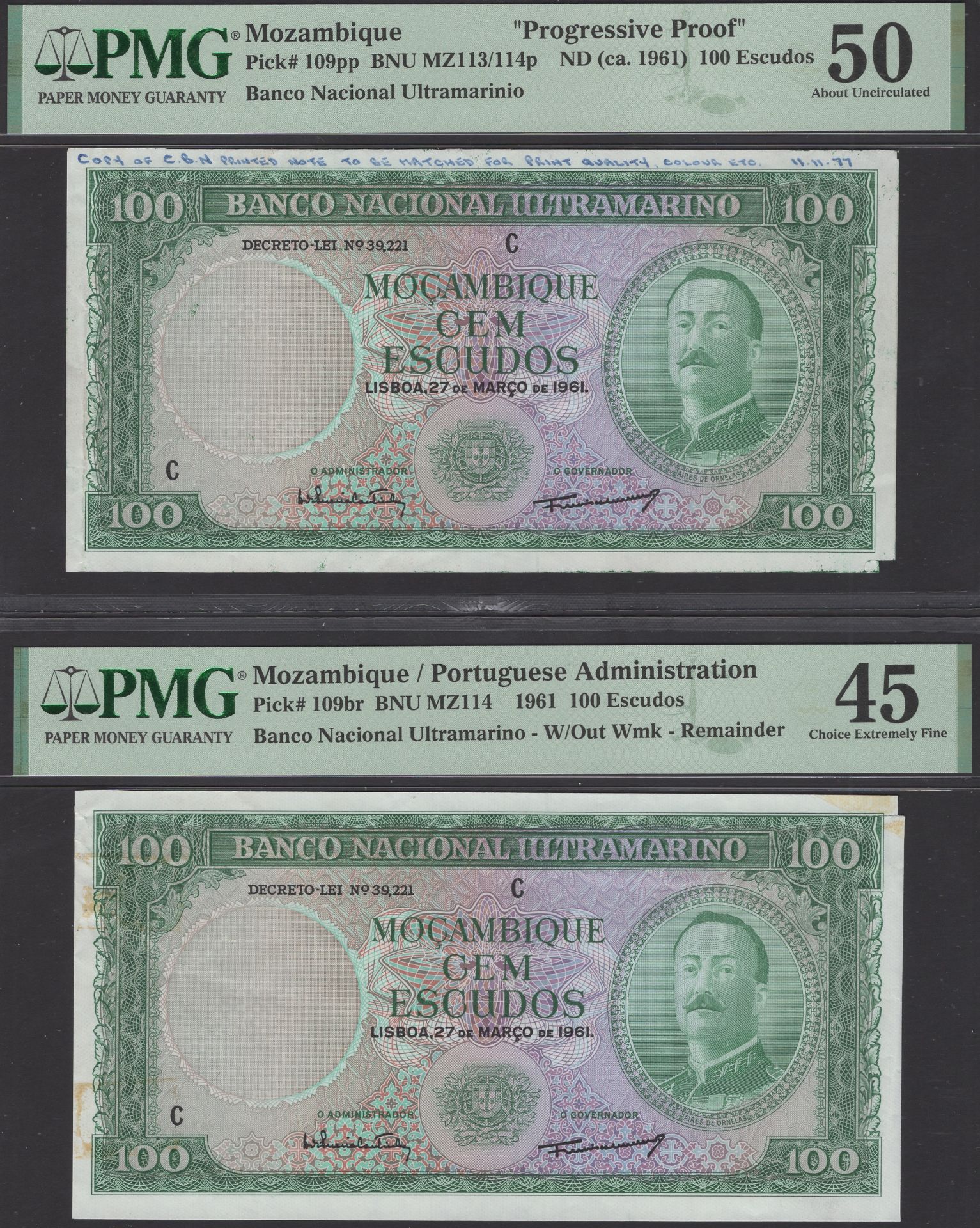 Banco Nacional Ultramarino, Mozambique, proof 100 Escudos (2), 27 March 1961, prefixes C, wi...