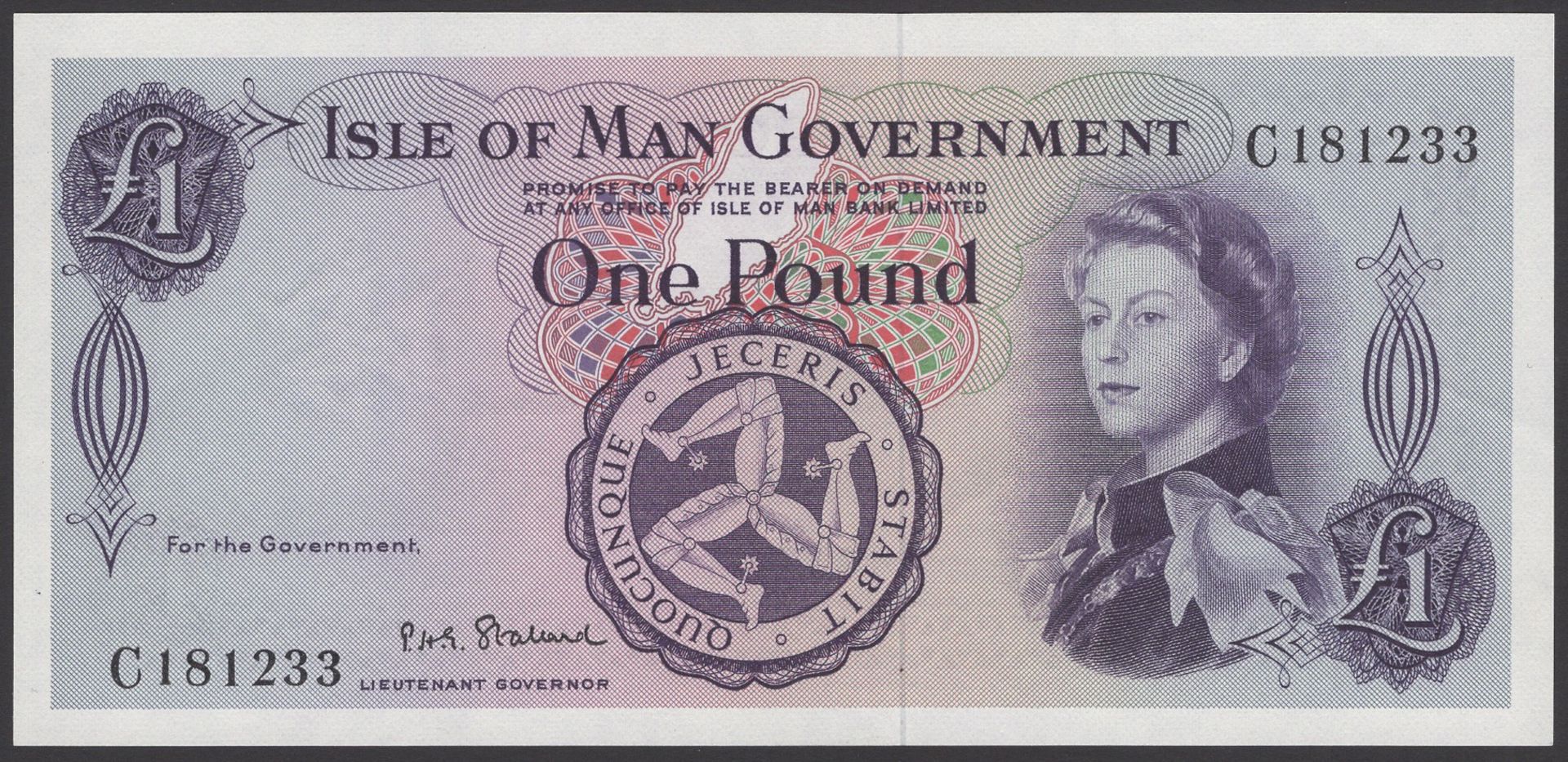 Isle of Man Government, P.H.G. Stallard, Â£1, 14 December 1967, serial number C181233, uncirc...