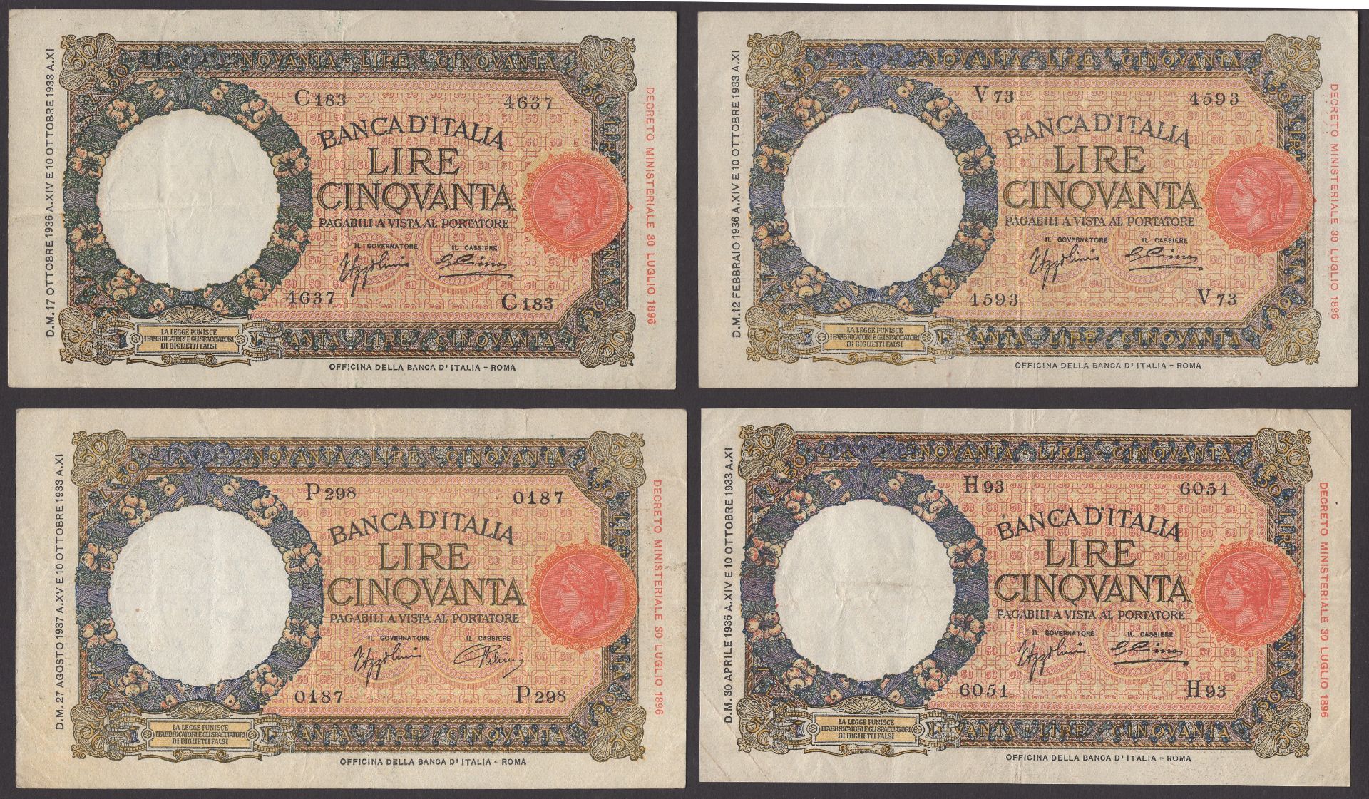 Banca d'Italia, 50 Lire (8),1936-40, all different dates, fine to very fine (8 notes) TBB B...