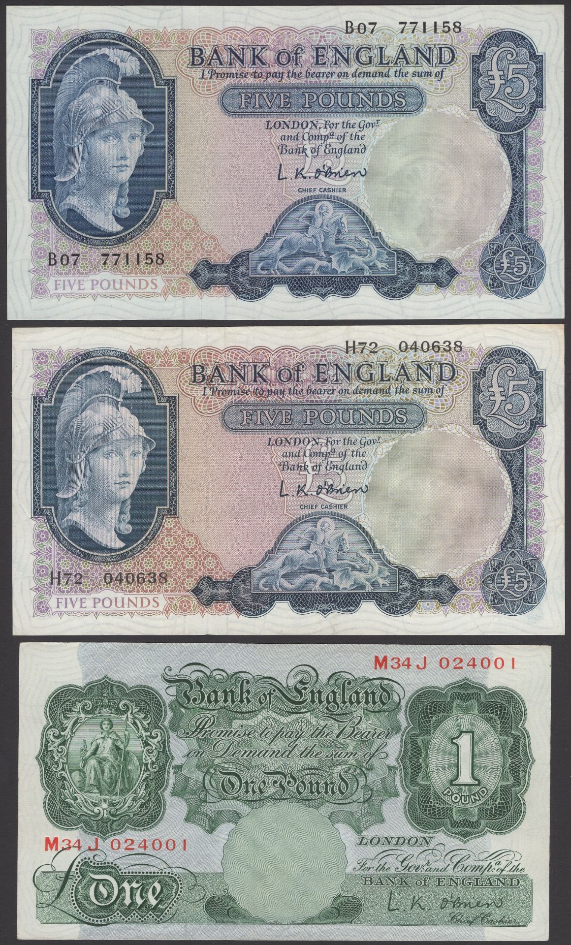 A Miscellaneous group comprising Beale and O'Brien Britannia 10 Shillings, Peppiatt, blue Â£1...