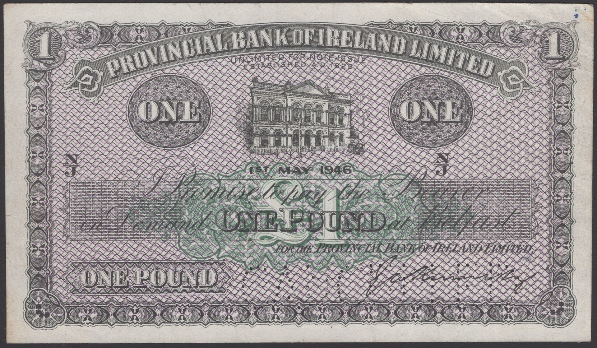Provincial Bank of Ireland Ltd, uniface proof Â£1, 1 May 1946, prefix N/J, Kennedy signature,...
