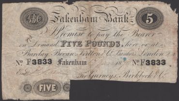 Fakenham Bank, for Gurneys, Birkbeck & Co., cancelled Â£5, 17 January 1870, serial number F38...