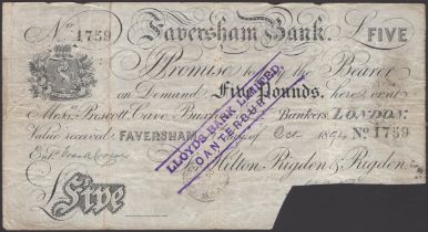 Faversham Bank, for Hilton, Rigden & Rigden, cancelled Â£5, 11 October 1894, serial number 17...