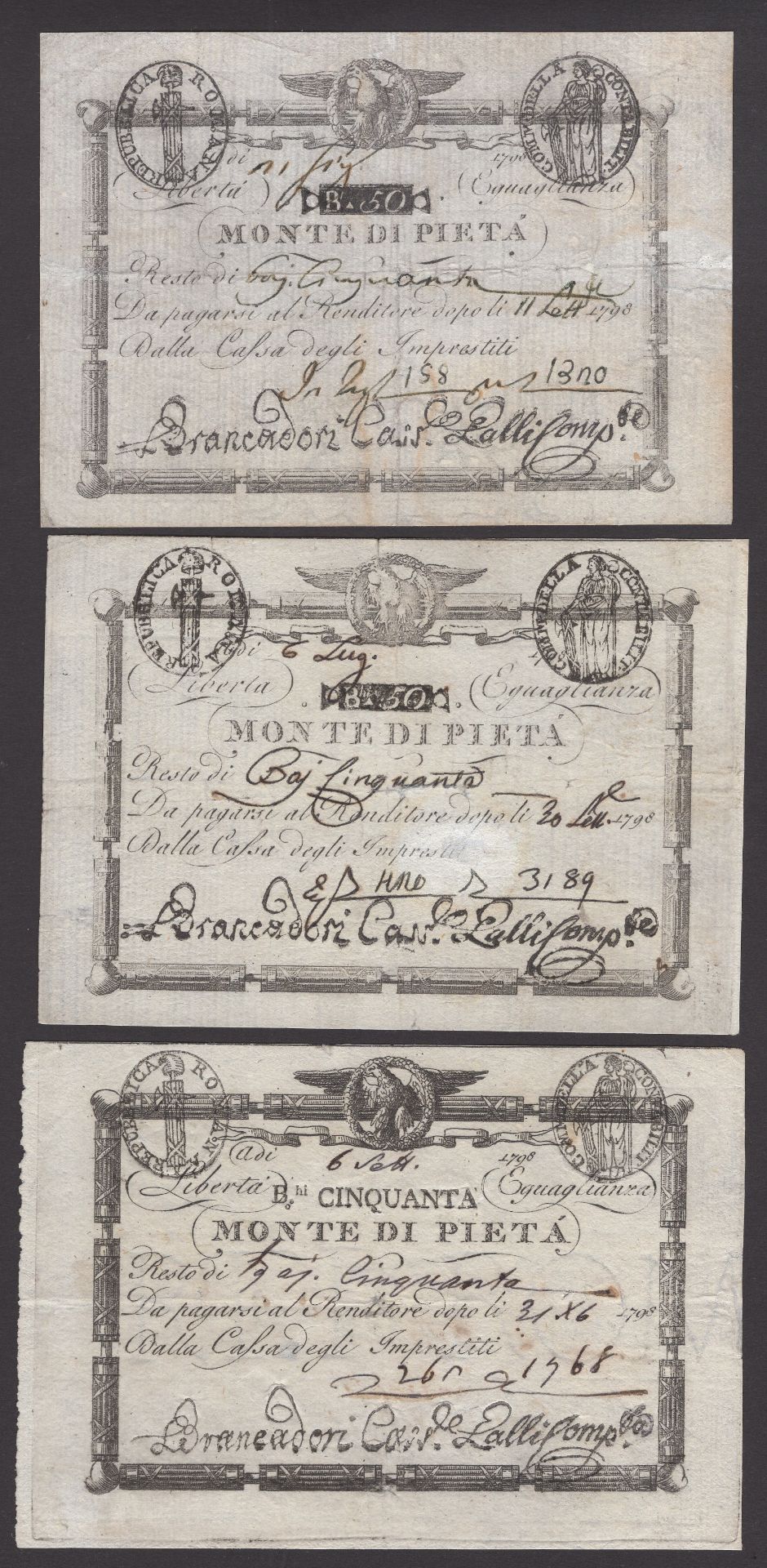 Banco di Spirito di Roma, Italy, 24 Scudi, 1796, Monte Di Pieta, 50 Bajocchi (3), Biglietto... - Image 2 of 2