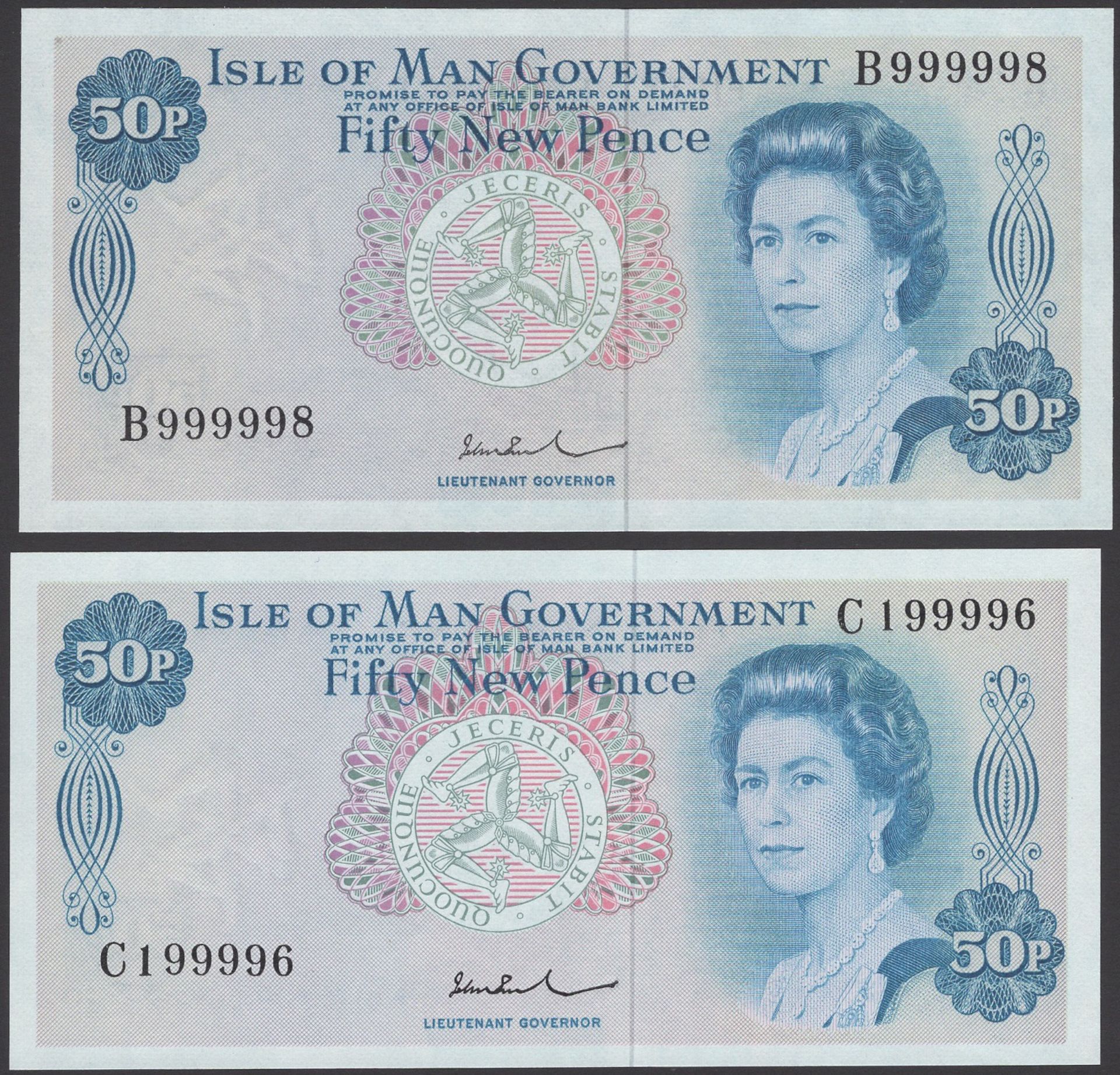 Isle of Man Government, John W. Paul, 50 New Pence (2), ND (1979), serial numbers B999998 an...