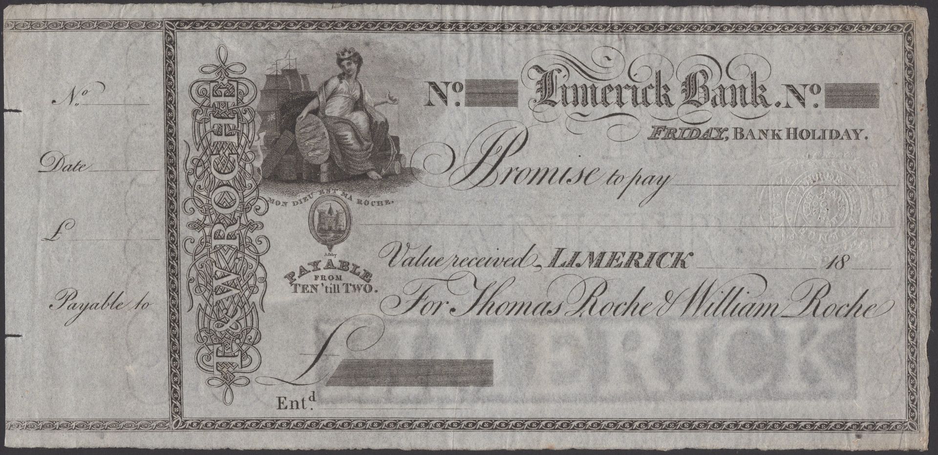Limerick Bank, for Thomas Roche & William Roche, unissued and undenominated note, 18- (1801-...