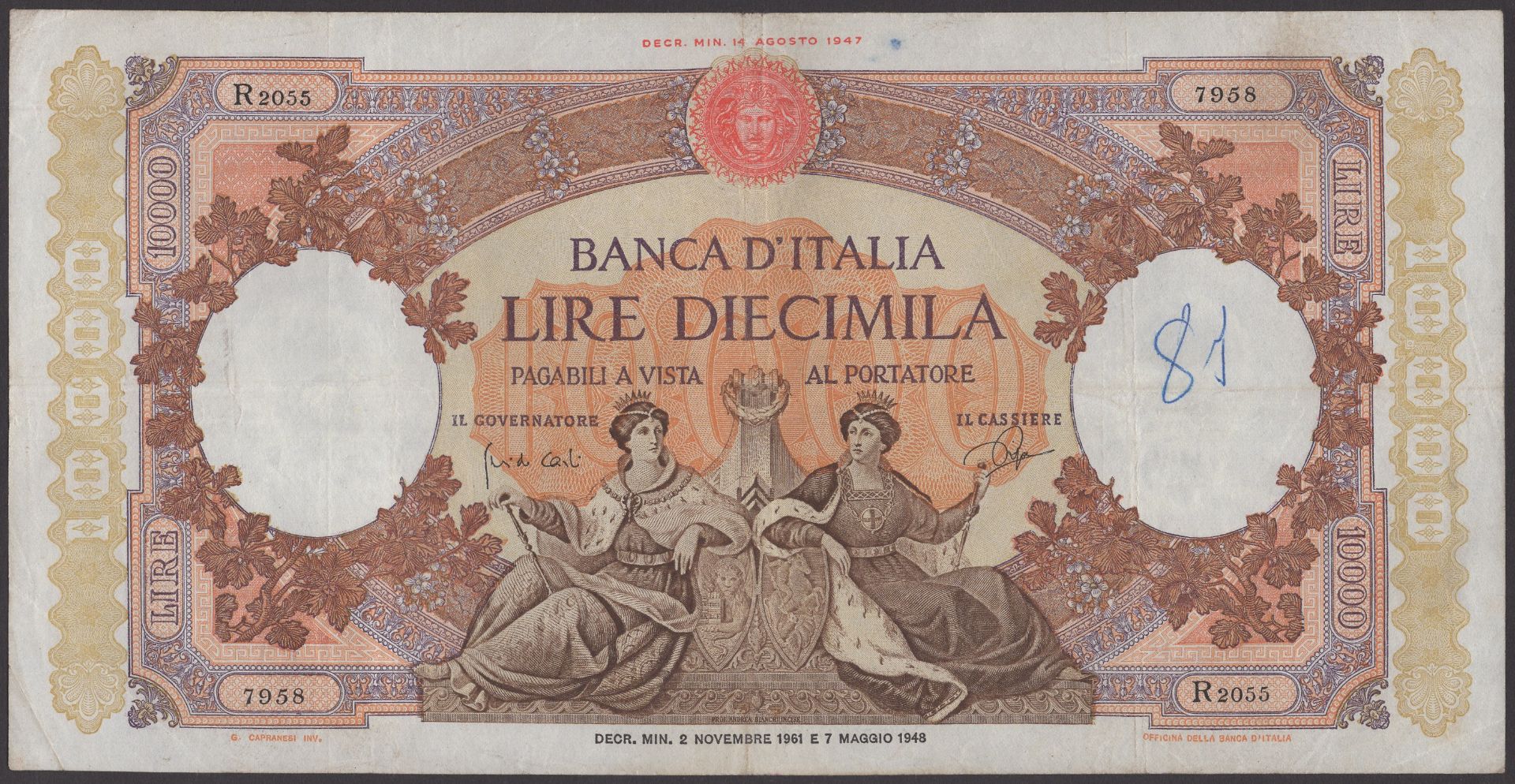 Banca d'Italia, 10,000 Lire, 2 January 1961, serial number R 2055 7958, Carli-Ripa signature...