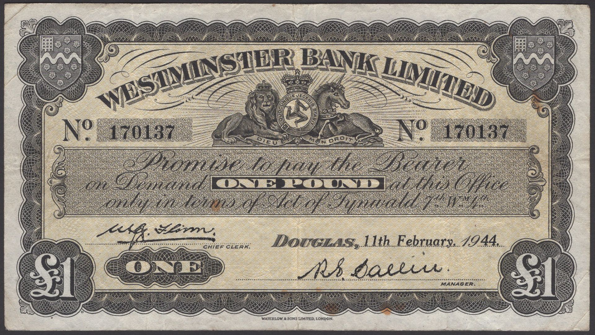 Westminster Bank Limited, Â£1, 11 February 1944, serial number 170137, Callin and Flinn signa...