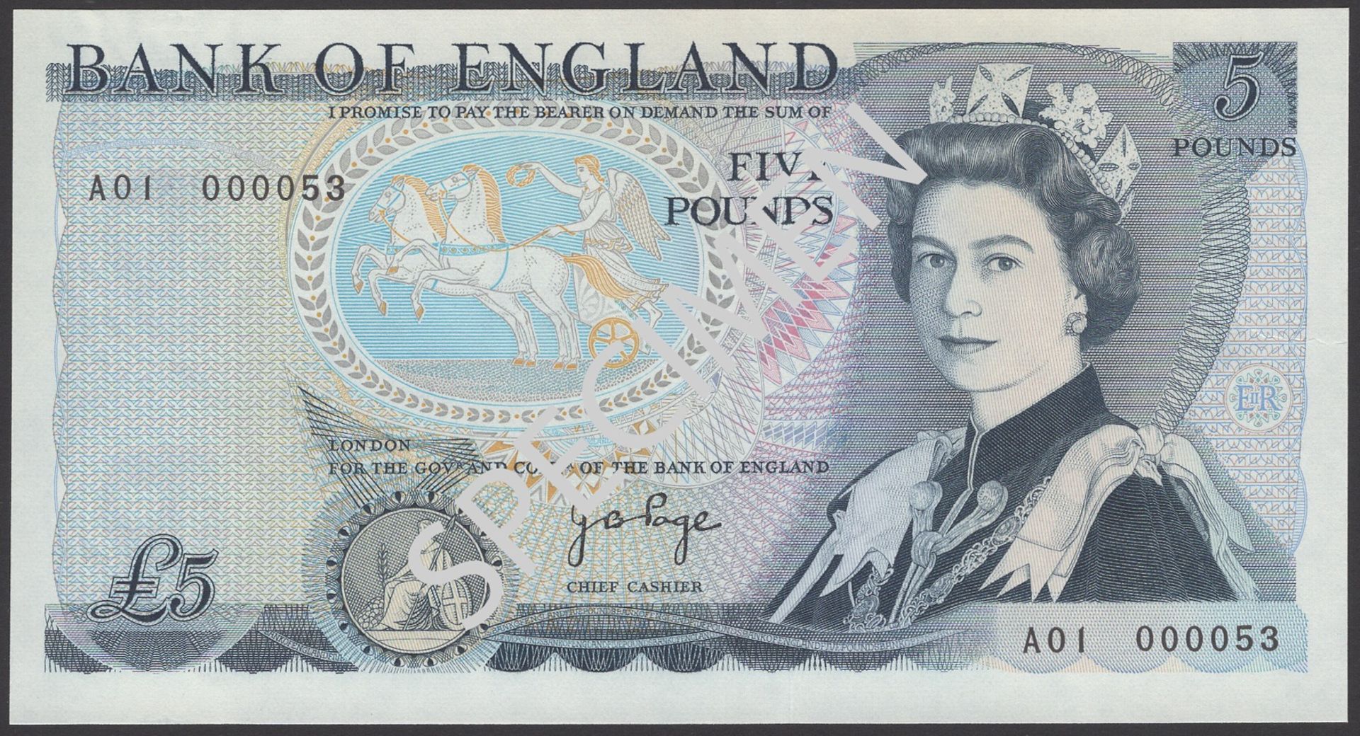 Bank of England, John B. Page, Â£5, 11 November 1971, serial number A01 000053, uncirculated...