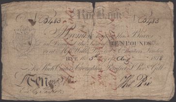 Rye Bank, for Richd Curtis, Croughton Pomfret, T. Pix & Gill, Â£10, 5 August 1818, serial num...
