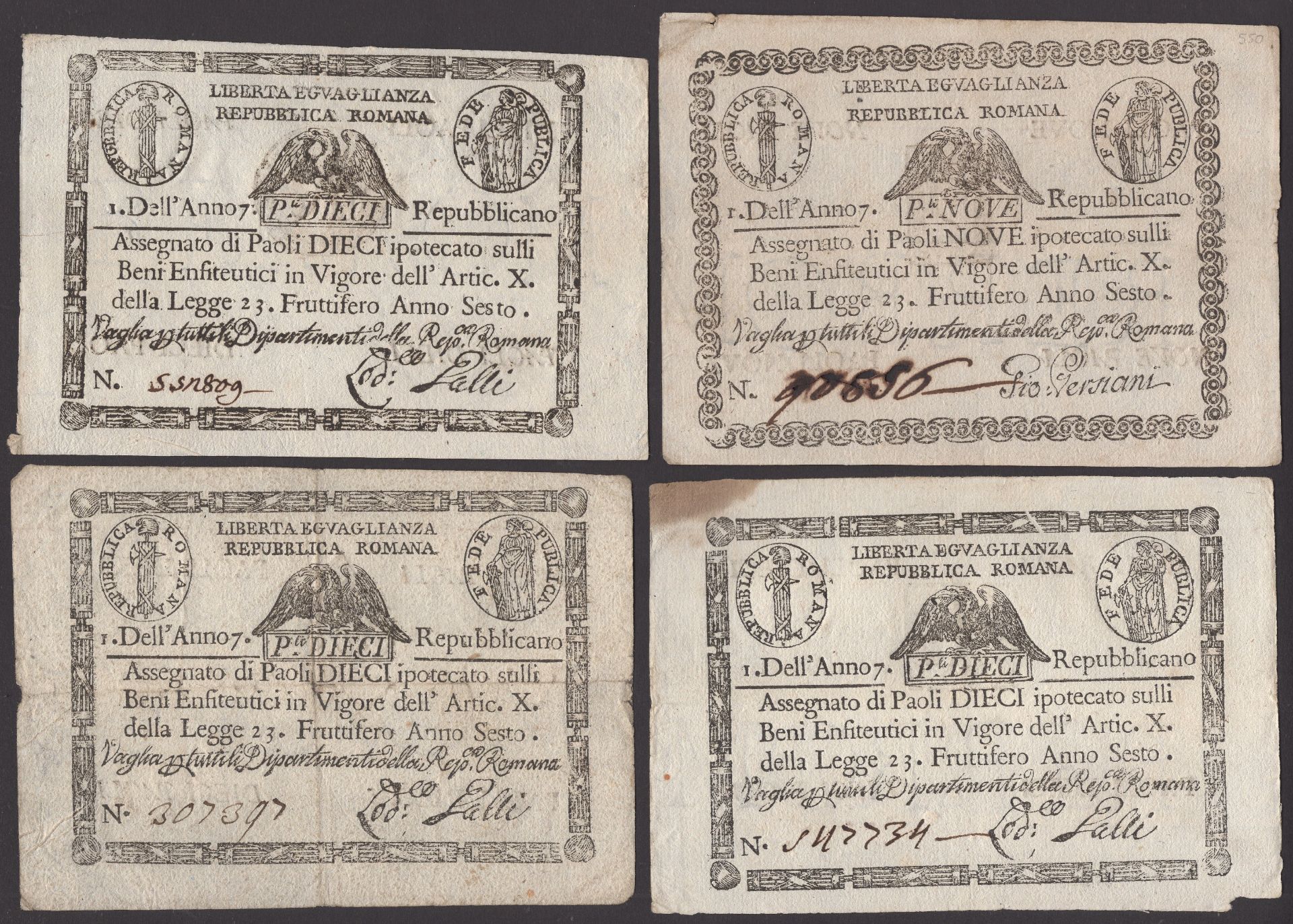 Republica Romana, Italy, 9 Paoli, 1798, serial number 90896, 10 Paoli (3), 1798, serial numb...