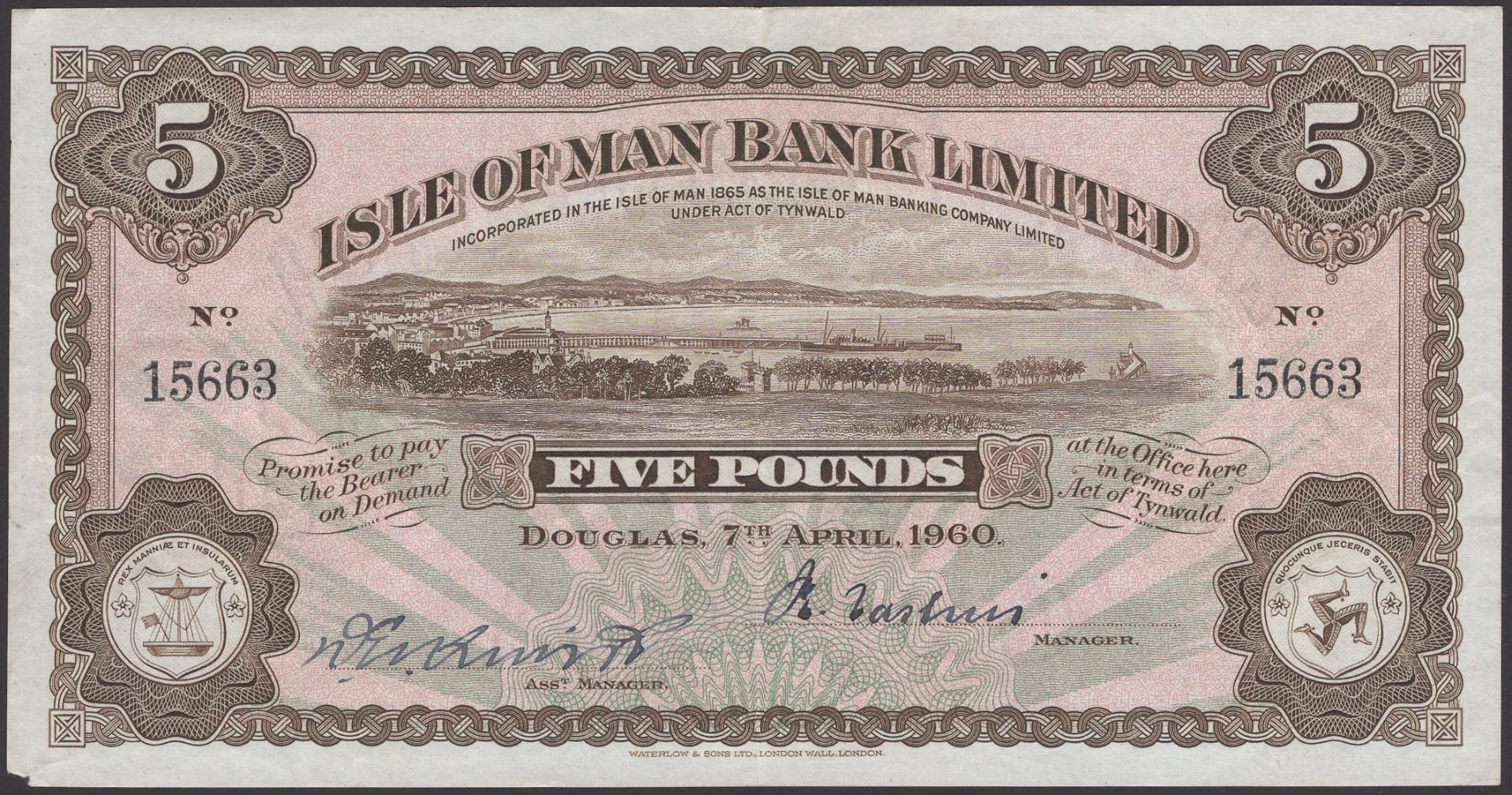 Isle of Man Bank Limited, Â£5, 7 April 1960, serial number 15663, Cashin and Quirk signatures...