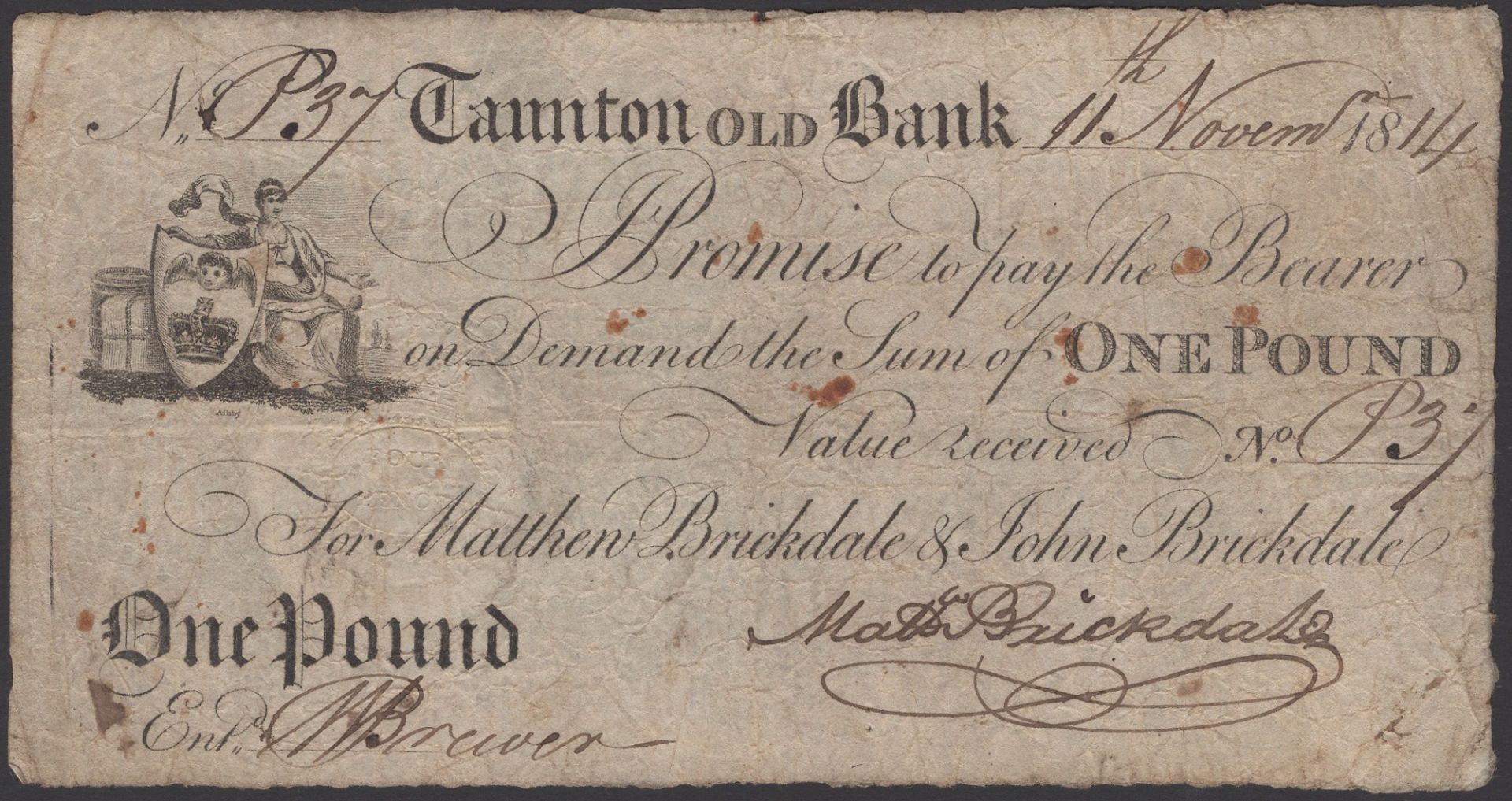Taunton Bank, for Matthew Brickdale & John Brickdale, Â£1, 11 November 1814, serial number P3...