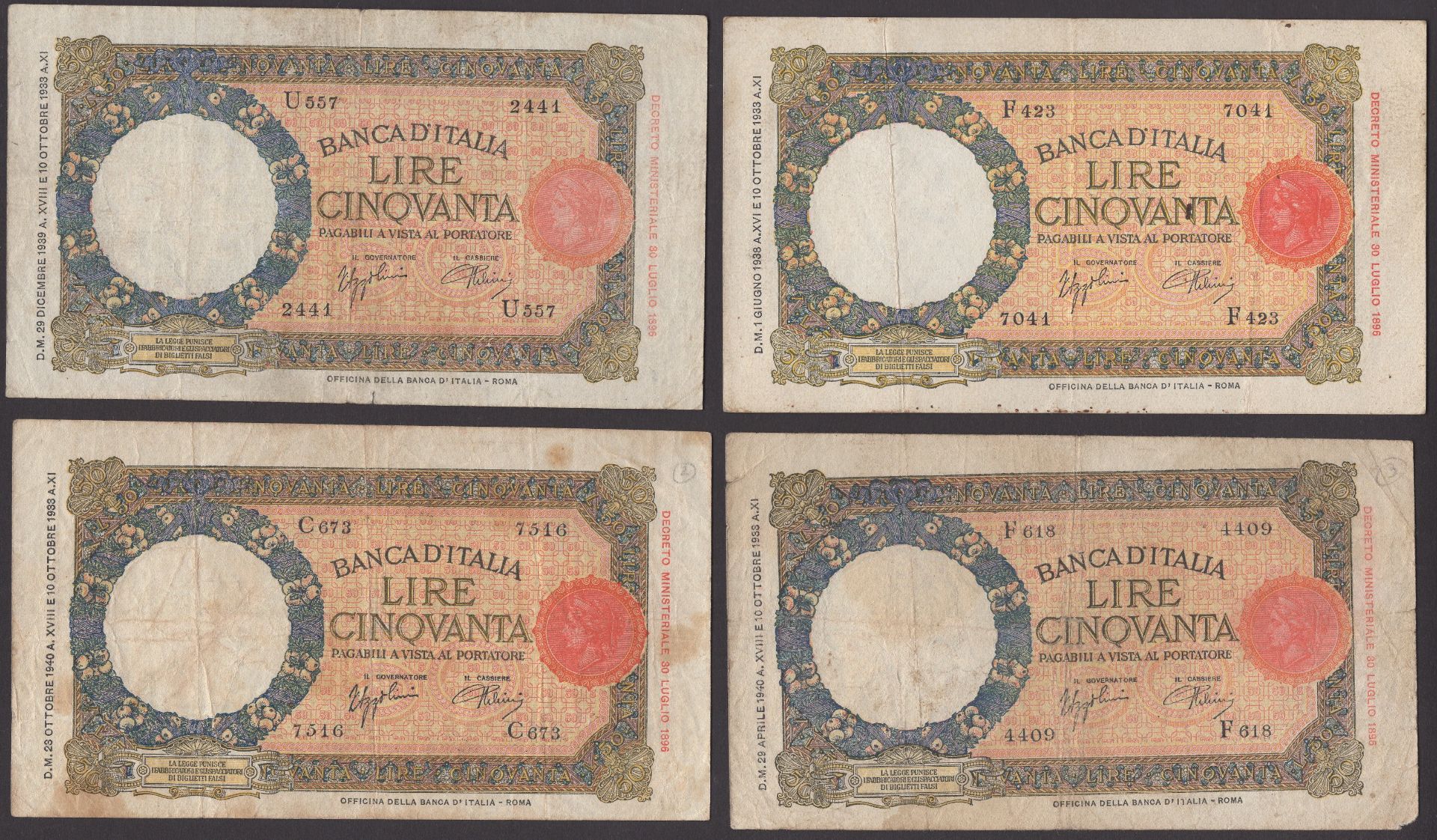 Banca d'Italia, 50 Lire (8),1936-40, all different dates, fine to very fine (8 notes) TBB B... - Image 2 of 2