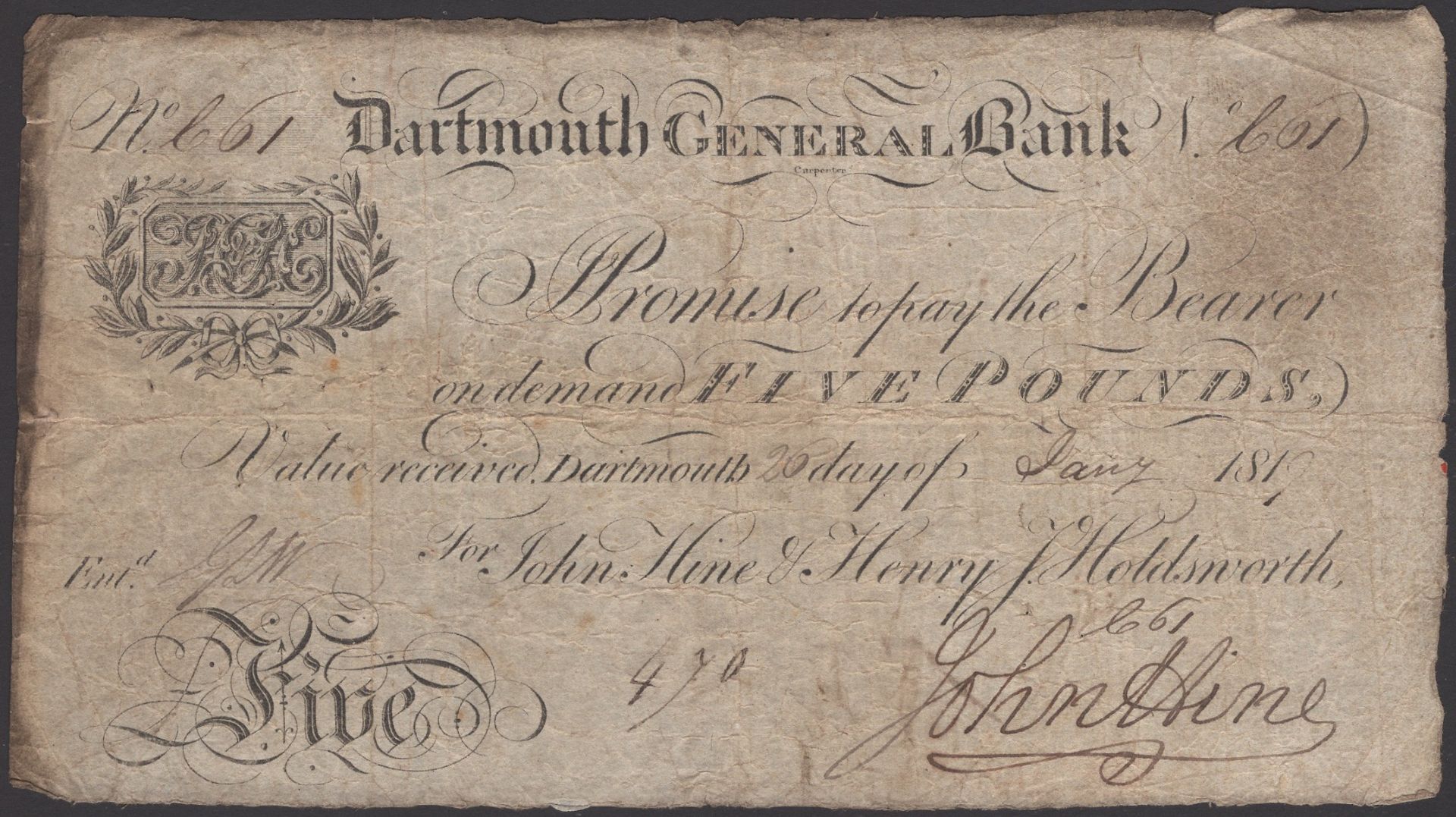 Dartmouth General Bank, for John Hine and Henry J. Holdsworth, Â£5, 26 January 1819, serial n...