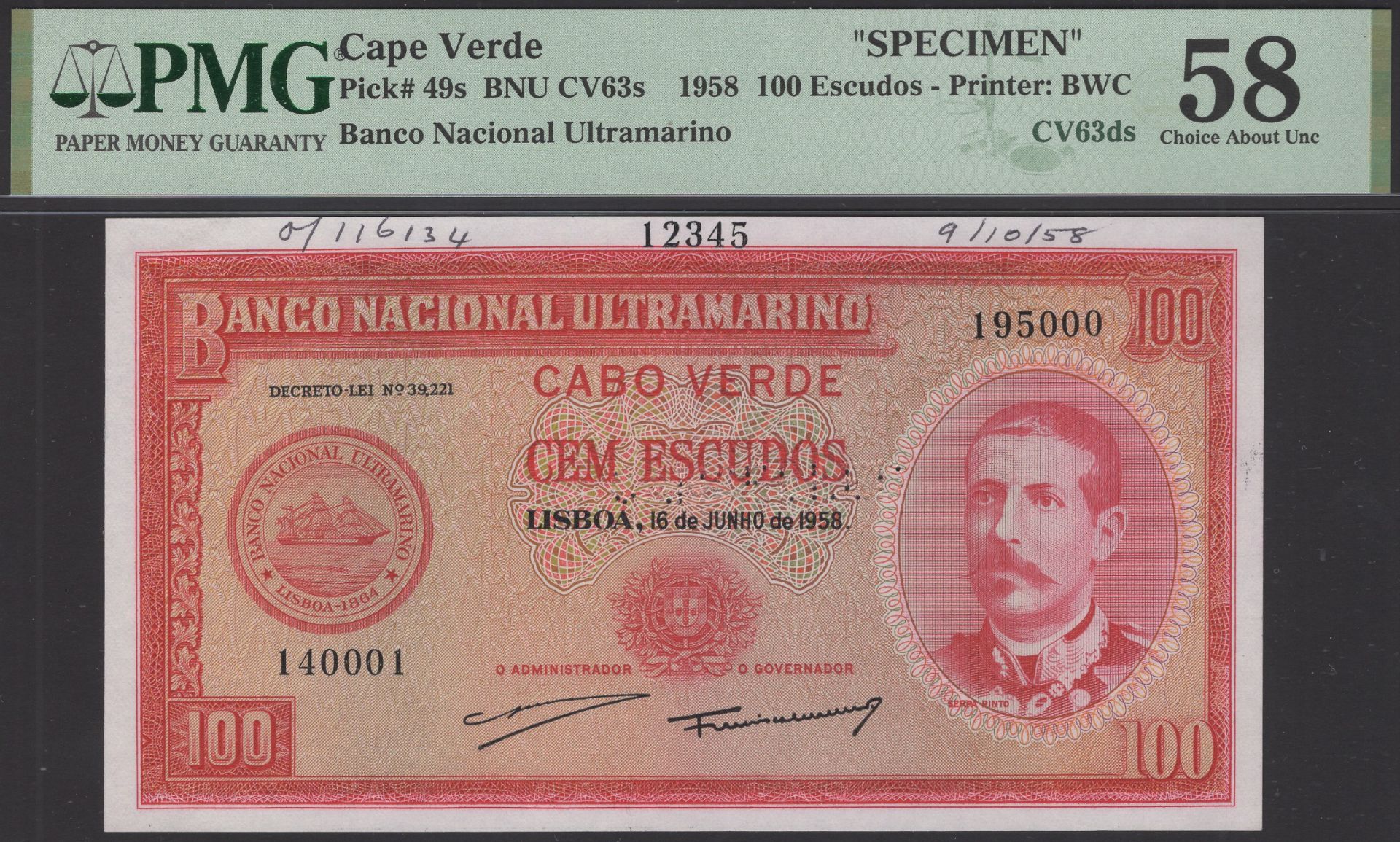 Banco Nacional Ultramarino, Cape Verde, printers archival specimen 100 Escudos (3), 16 June... - Image 3 of 4