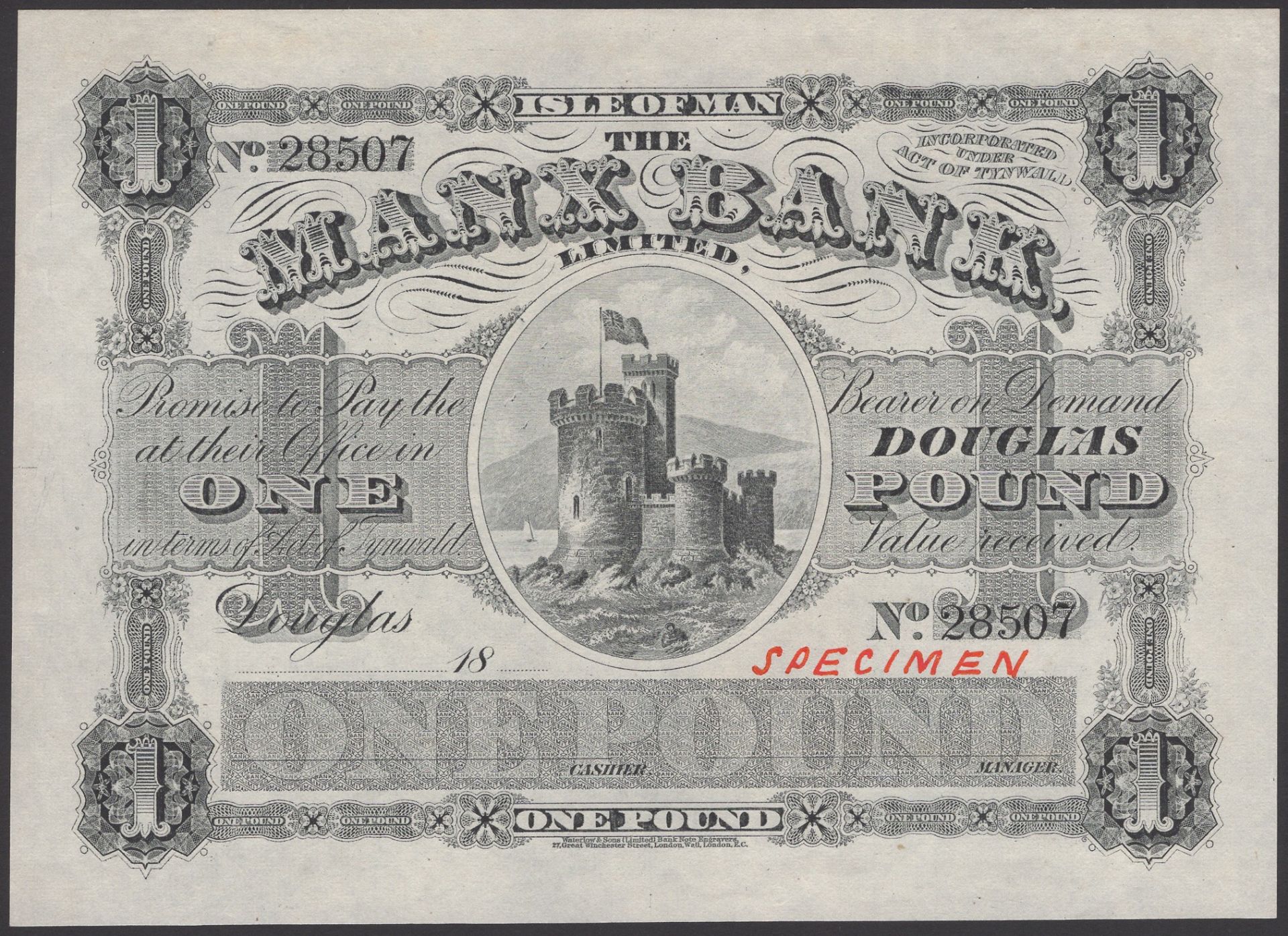 Manx Bank Limited, unissued/specimen Â£1, ND (1882-1900), serial number 28507, red hand writt...