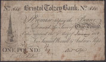 Bristol Tolzey Bank, for Samuel Worrall & Andrew Pope, Â£1, 1 January 1818, serial number A65...