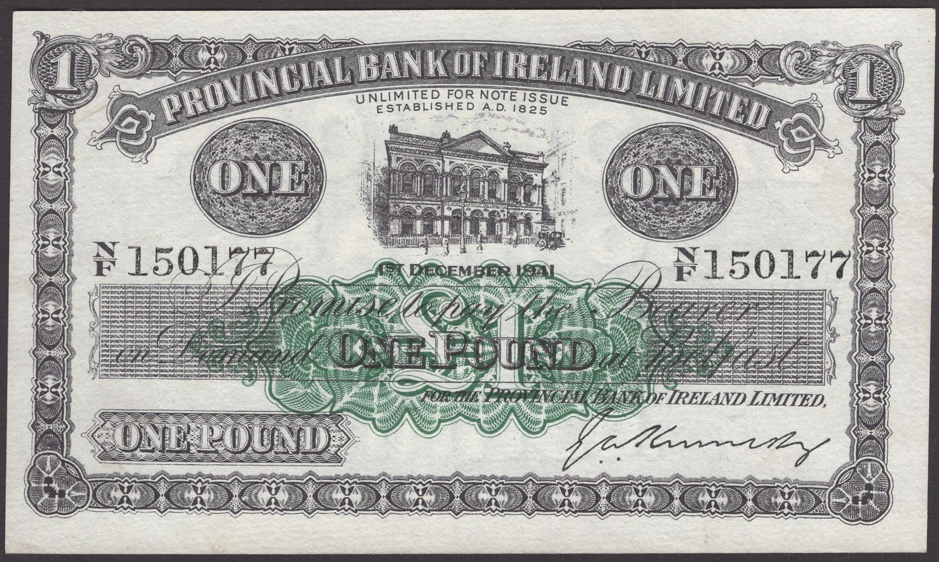 Provincial Bank of Ireland Ltd, Â£1, 1 December 1941, serial number N/F 150177, Kennedy sign...