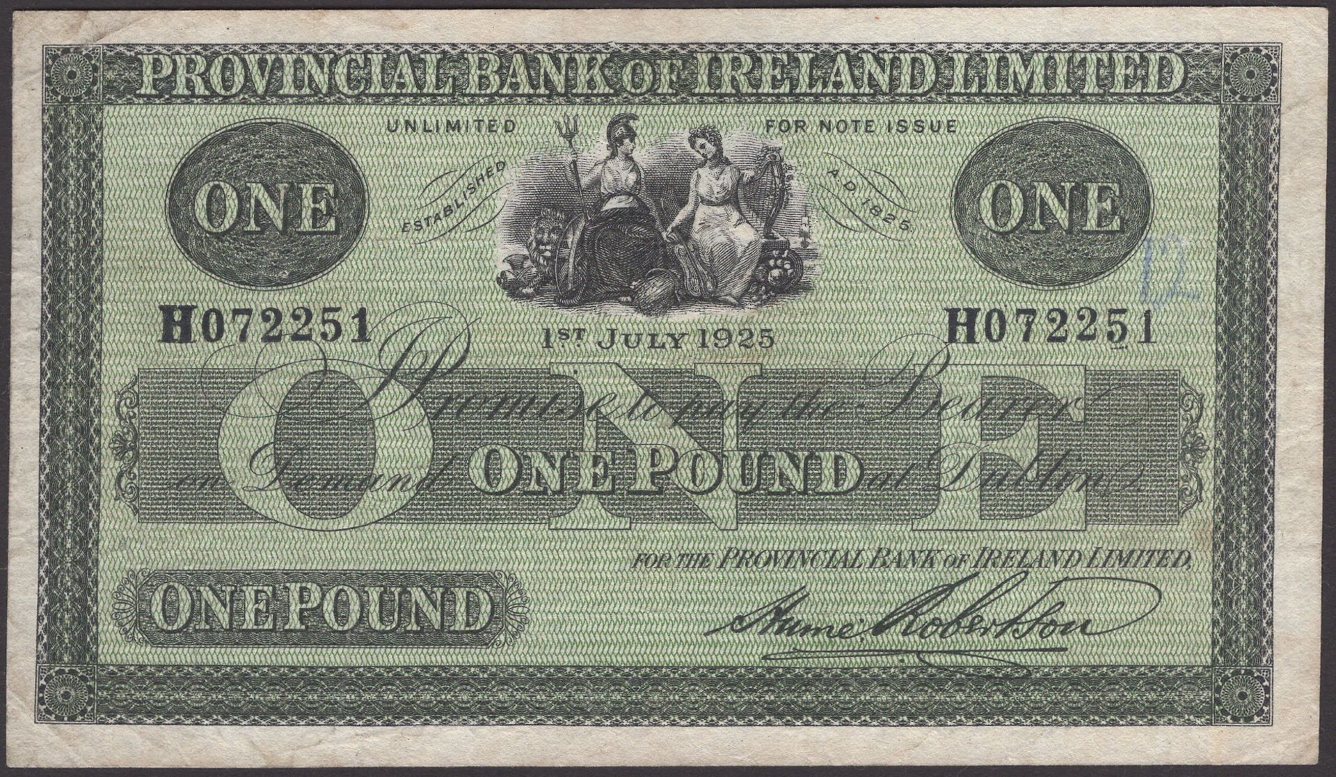 Provincial Bank of Ireland Ltd, Â£1, 1 July 1925, serial number H072251, printed Hume Roberts...