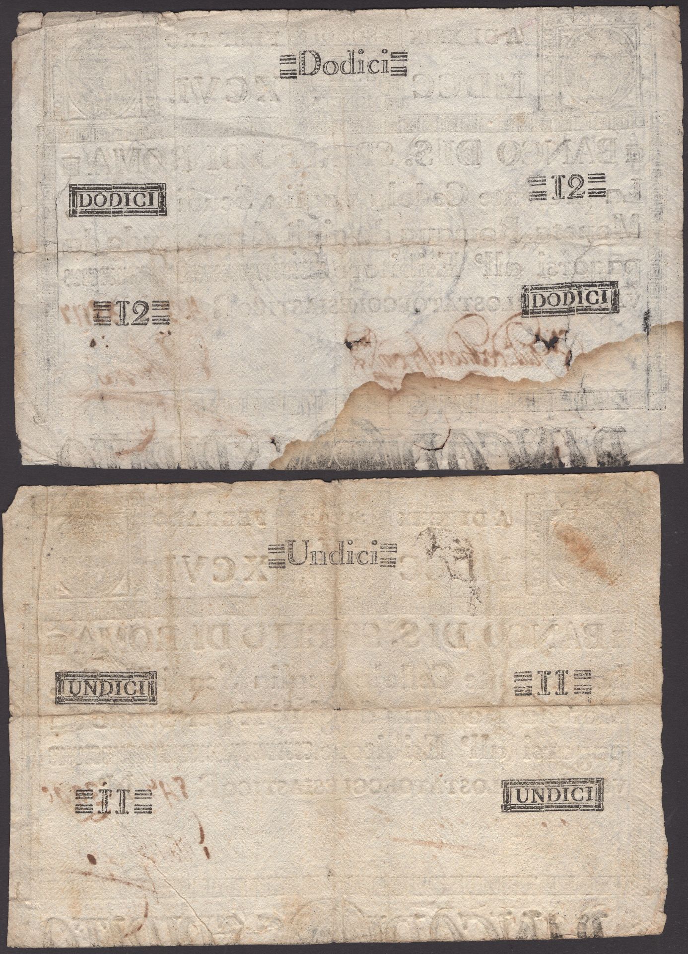 Banco di Spirito di Roma, Italy, 11 Scudi and 12 Scudi, 29 February 1796, serial numbers 399... - Image 2 of 2