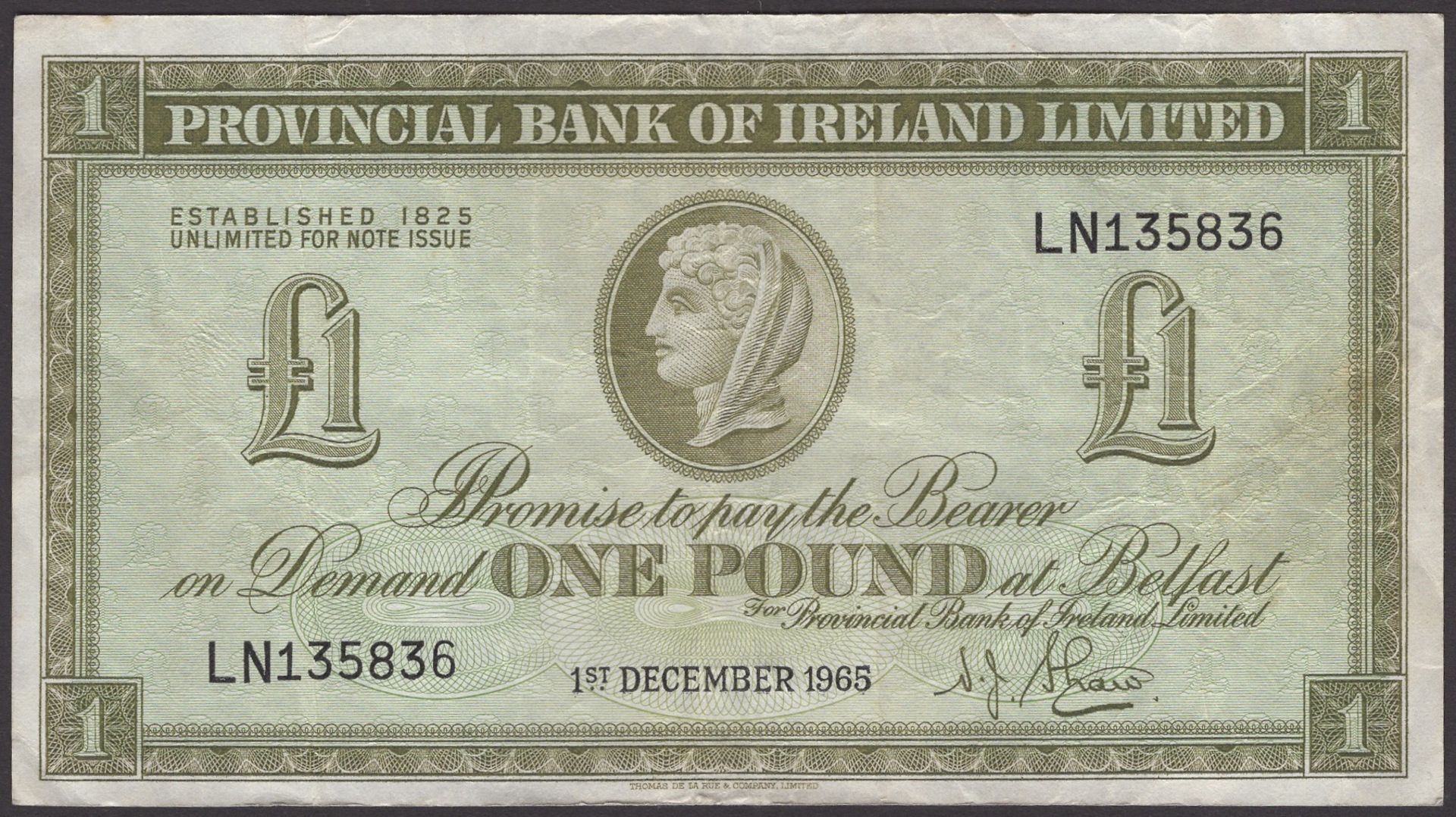 Provincial Bank of Ireland Ltd, Â£1, 1 December 1965, serial number LN 135836, Shaw signatur...