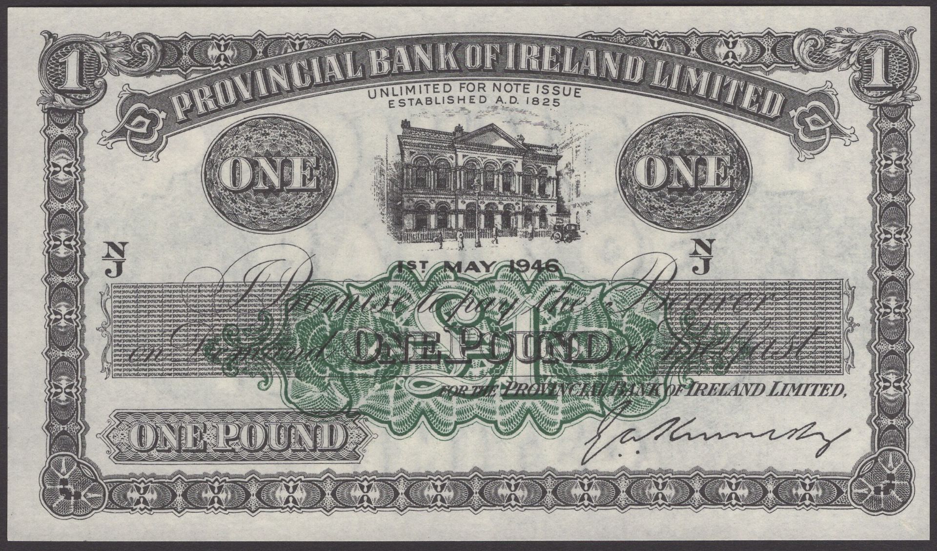 Provincial Bank of Ireland Ltd, proof Â£1, 1 May 1946, prefix N/J, no serial number, Kennedy...
