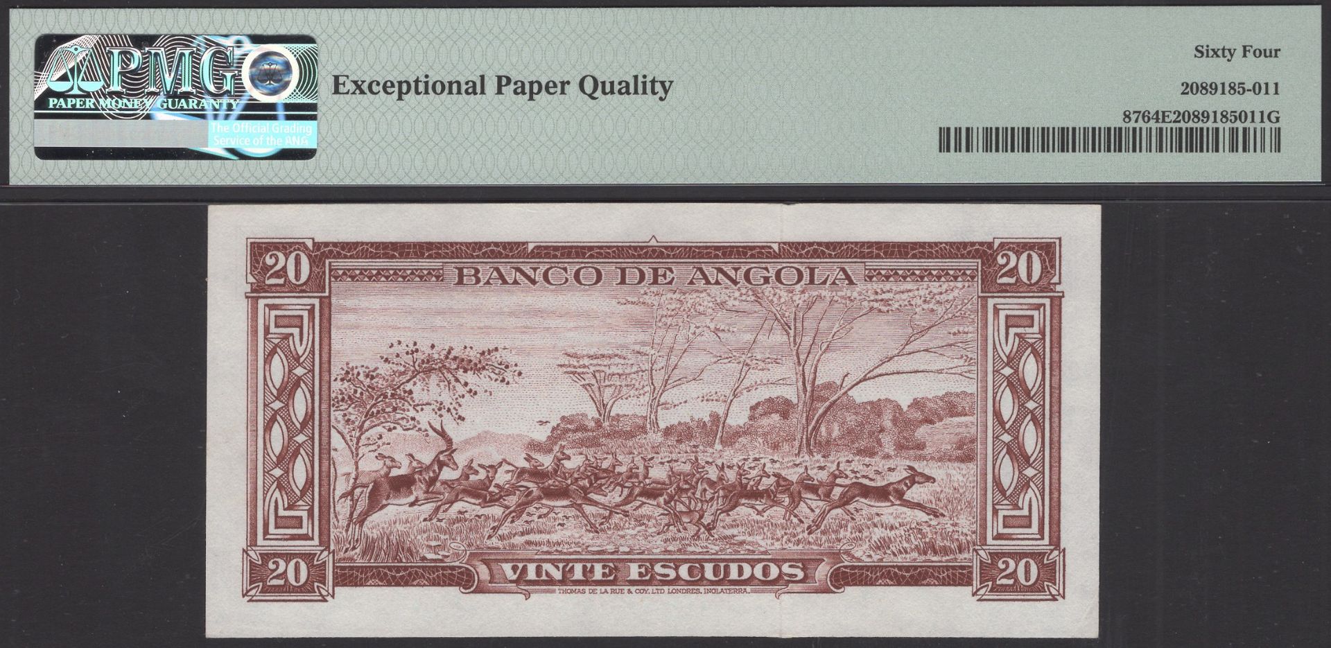 Banco de Angola, 20 Escudos, 15 August 1956, serial number 4NH000001, in PMG holder 64 EPQ,... - Image 2 of 2