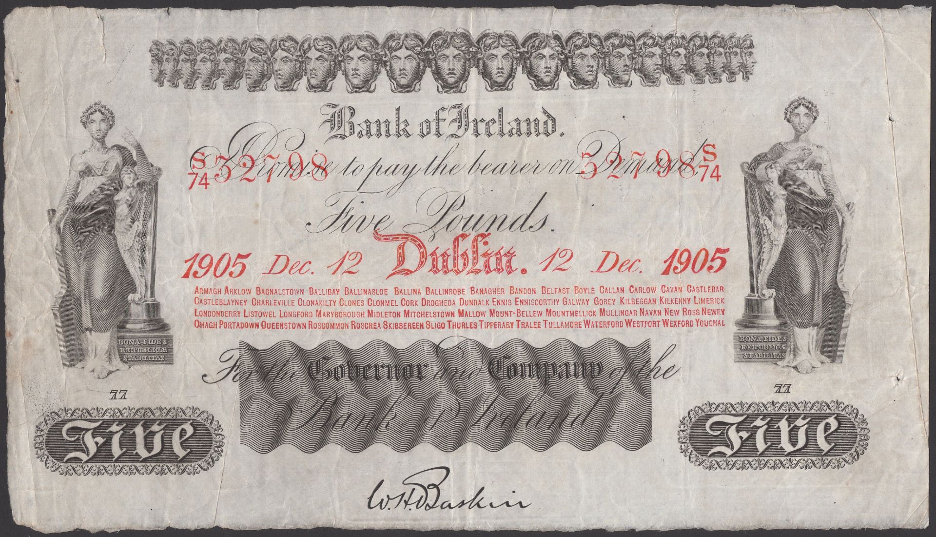 Bank of Ireland, Â£5, 12 December 1905, serial number S/74 32798, printed Baskin signature, 1...