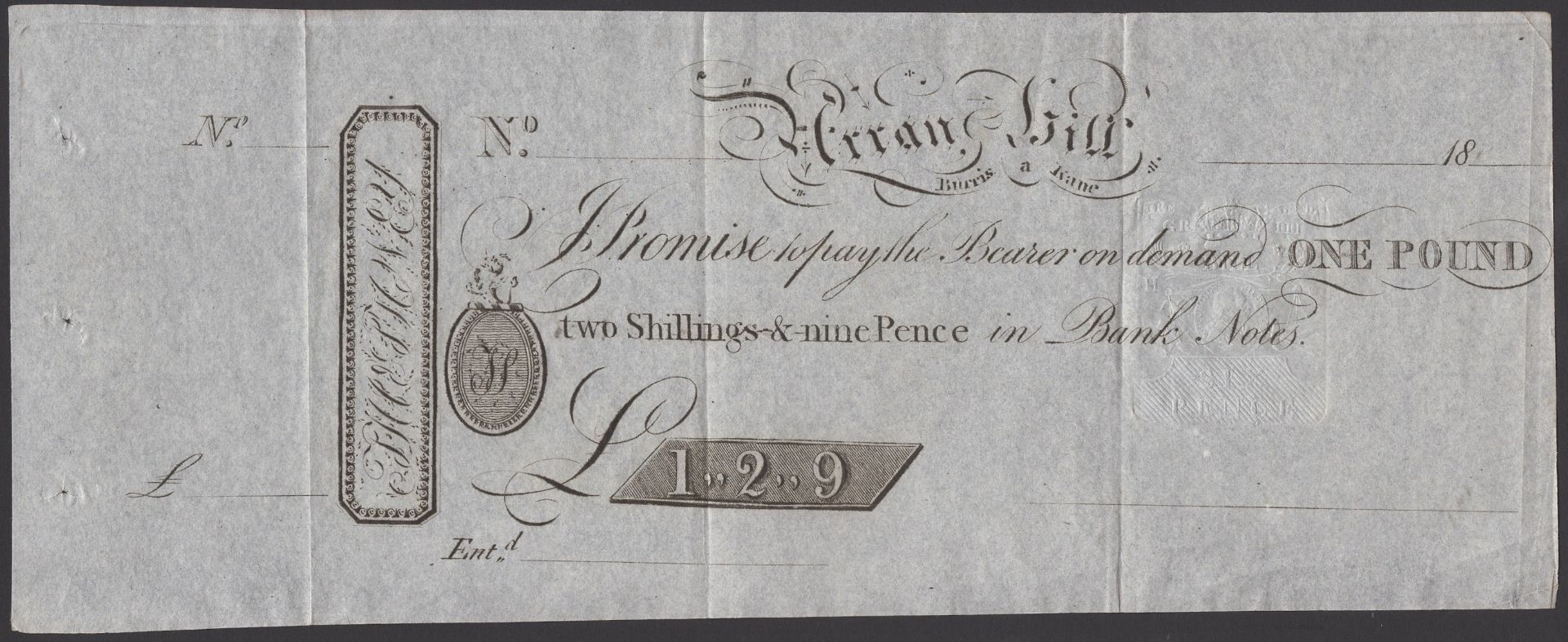 Arran Hill, unissued Â£1 and 2 Shillings and 9 Pence, 18- (ca 1804), without signature or ser...
