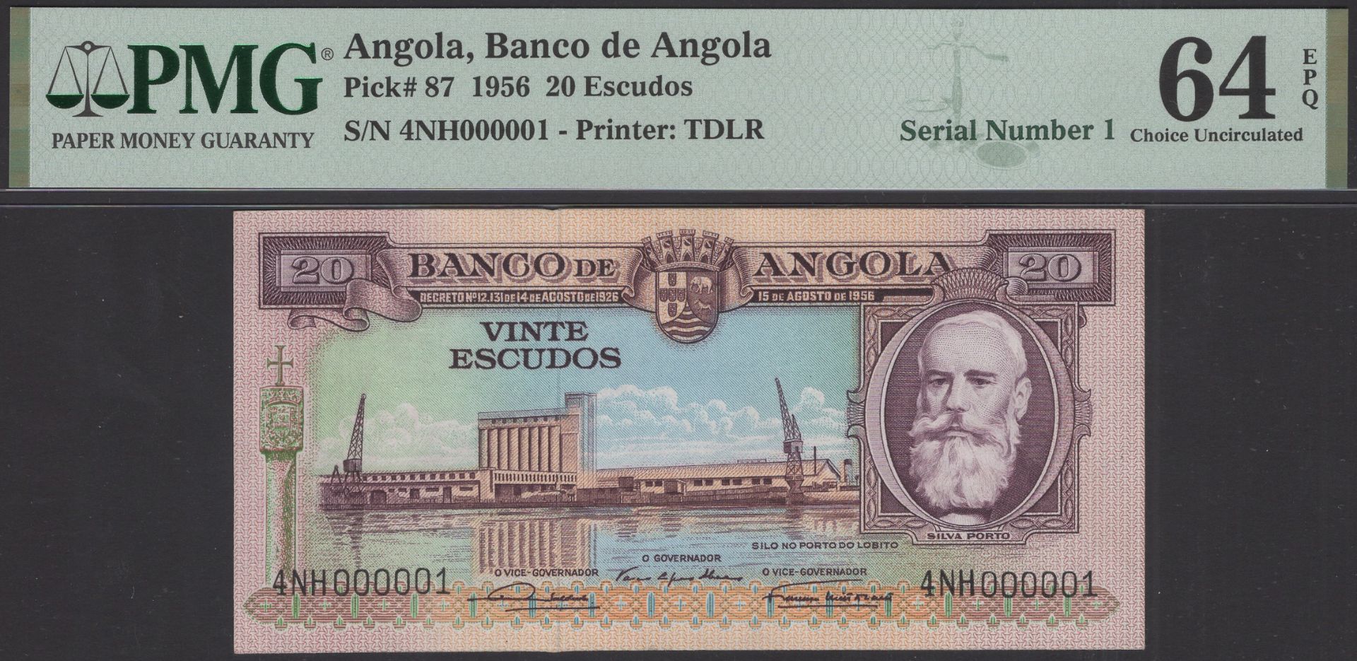 Banco de Angola, 20 Escudos, 15 August 1956, serial number 4NH000001, in PMG holder 64 EPQ,...