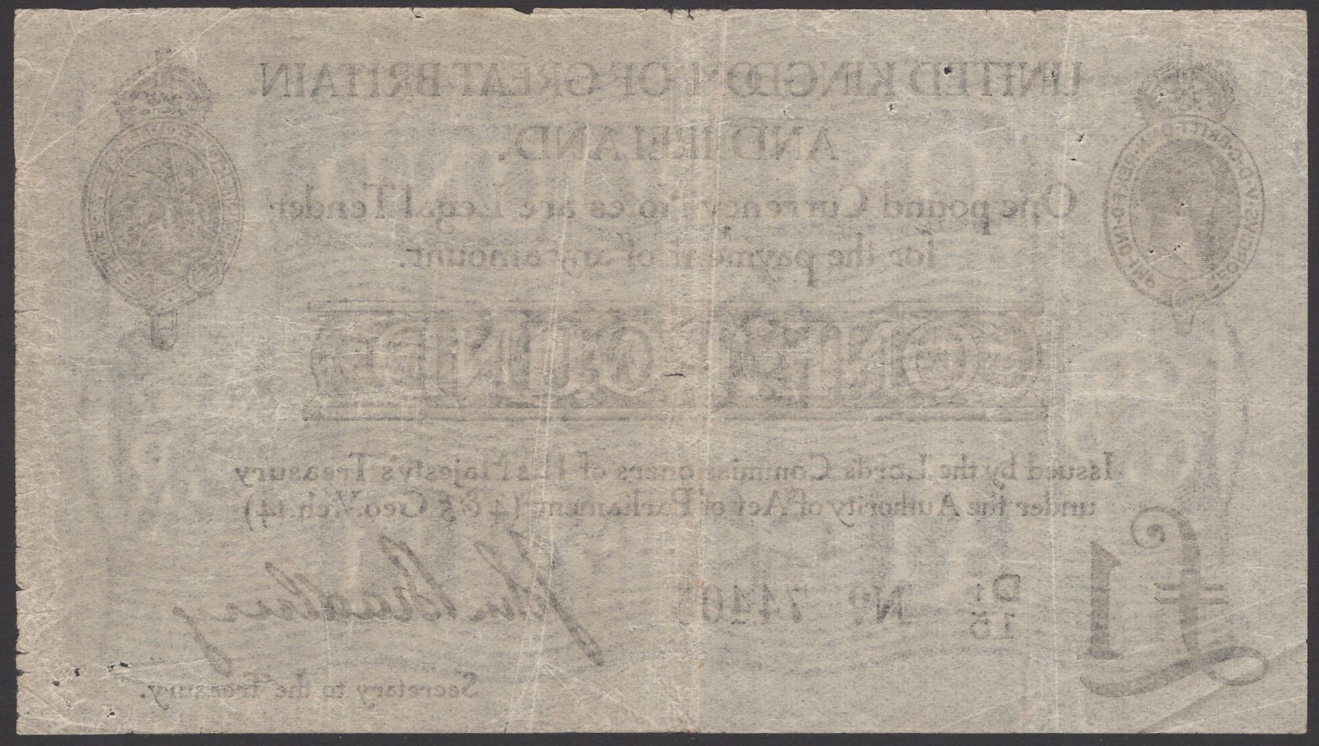 Treasury Series, John Bradbury, Â£1, 23 October 1914, serial number E1/85 04879, good fine E... - Image 2 of 2