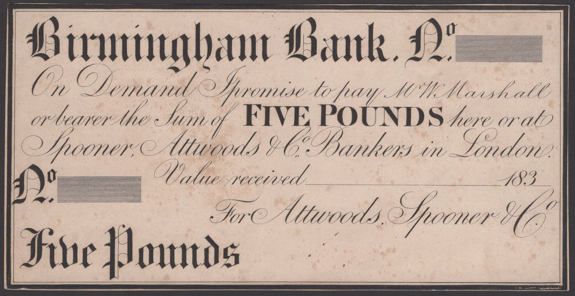 Birmingham Bank, for Attwoods, Spooner & Co., proof Â£5 on thin card, 183-, no signature or s...