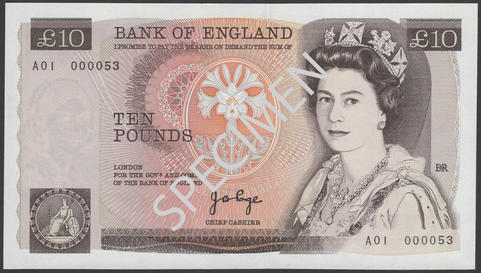 Bank of England, John B. Page, Â£10, 20 February 1975, serial number A01 000053, uncirculated...