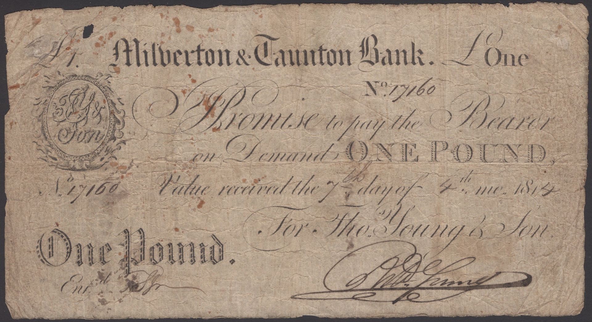 Milverton & Taunton Bank, for Thos Young & Son, Â£1, 7 April 1814, serial number 17160, Thoma...