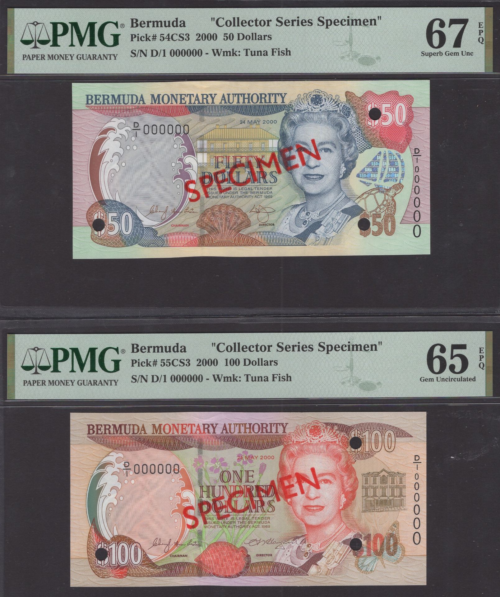 Bermuda Monetary Authority, collectors series specimen set $2, $5, $10, $20, $50, $100, 24 M...