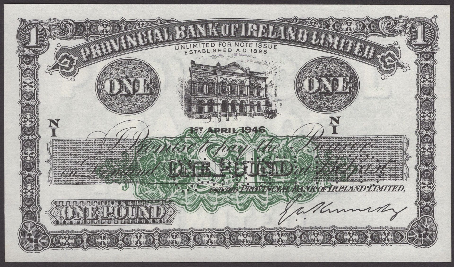Provincial Bank of Ireland Ltd, proof Â£1, 1 April 1946, prefix N/I, no serial number, perfor...