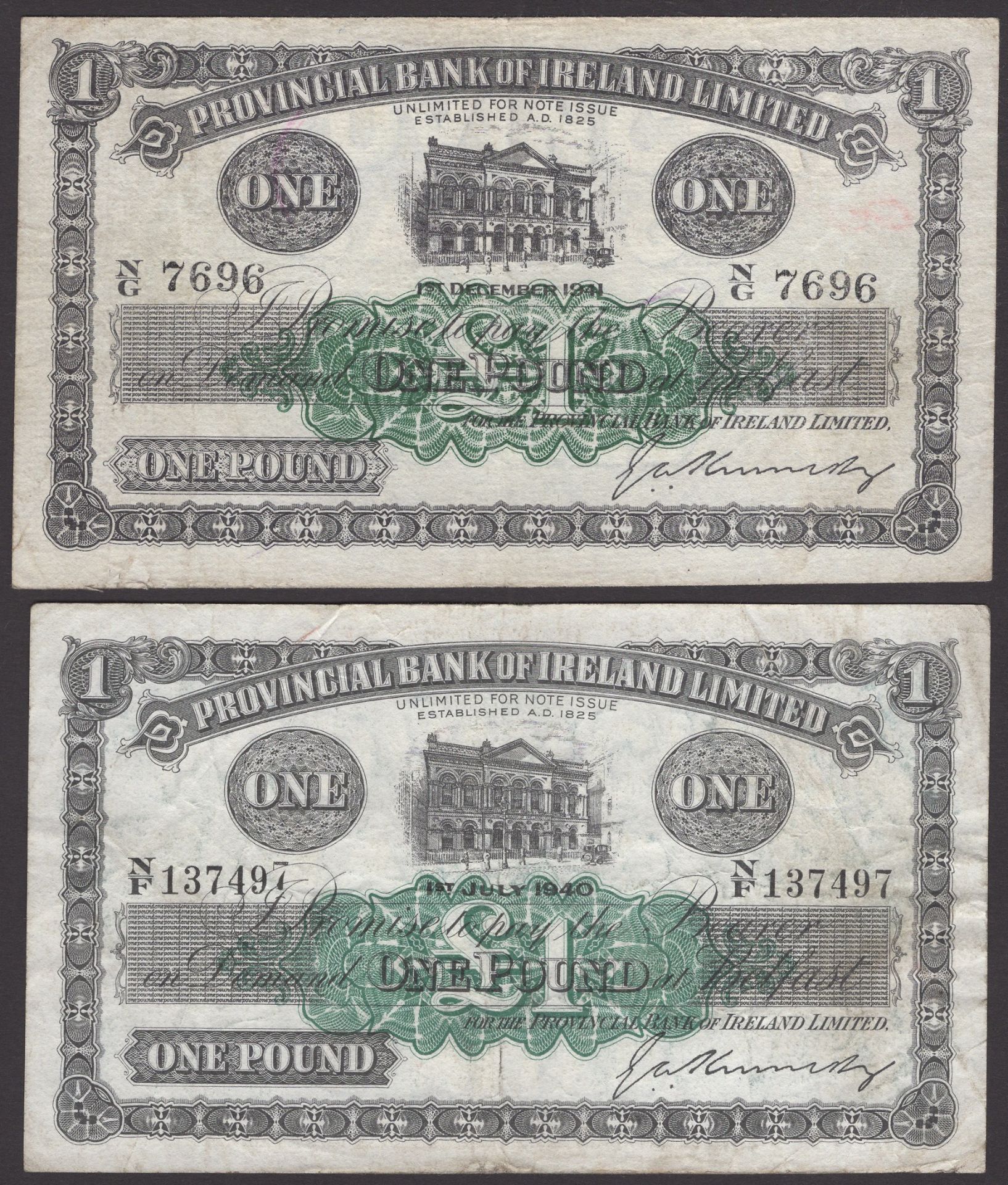 Provincial Bank of Ireland Ltd, Â£1, 1 July 1940, serial number N/F 137497, also Â£1, 1 Decemb...