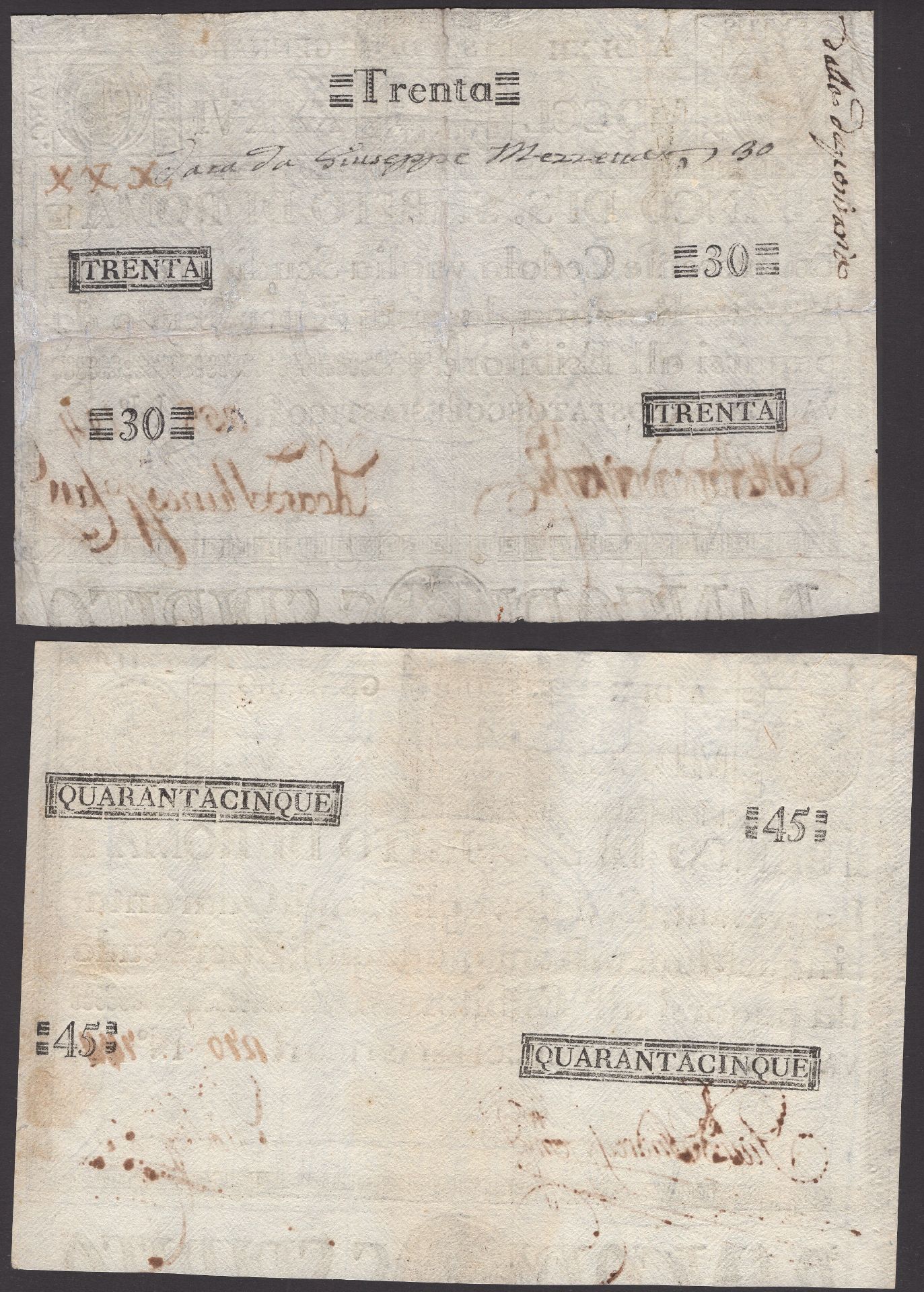 Banco di Spirito di Roma, Italy, 30 Scudi and 45 Scudi, January 1786, serial numbers 194 and... - Image 2 of 2