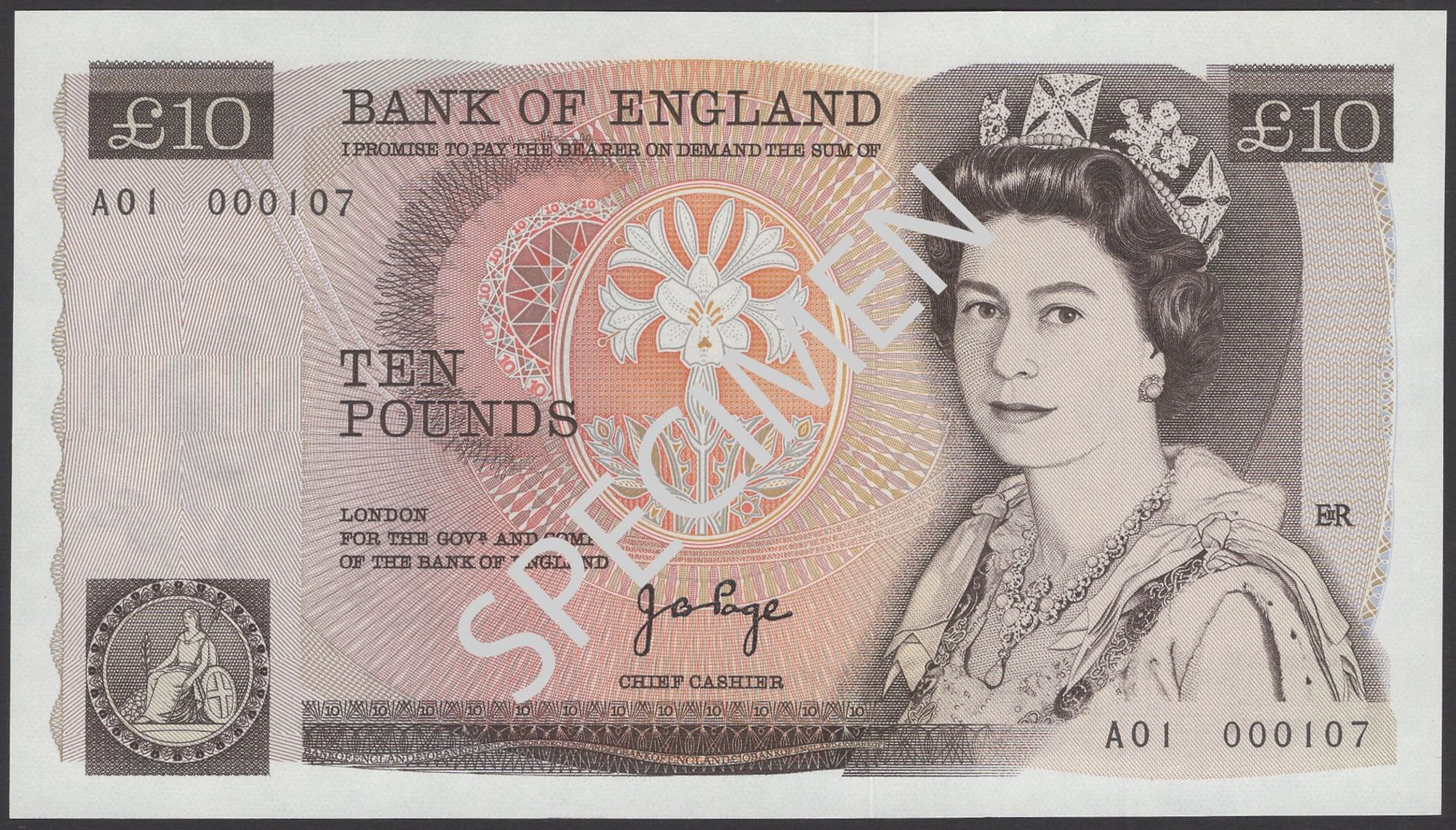 Bank of England, John B. Page, Â£10, 20 February 1975, serial number A01 000107, uncirculated...