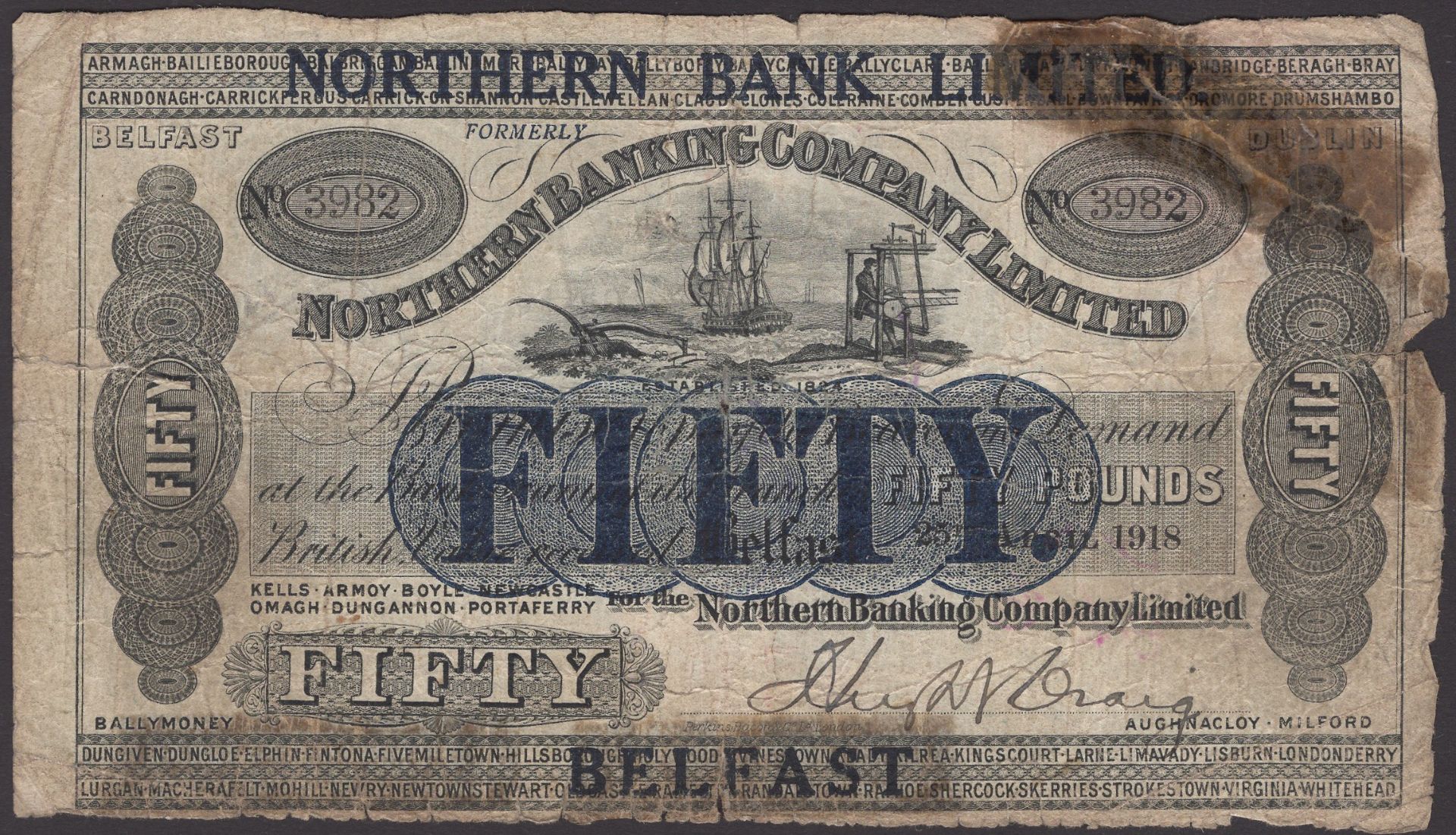 Northern Bank Limited, Â£50, 25 April 1918 (1929), serial number 3982, Craig signature, large...