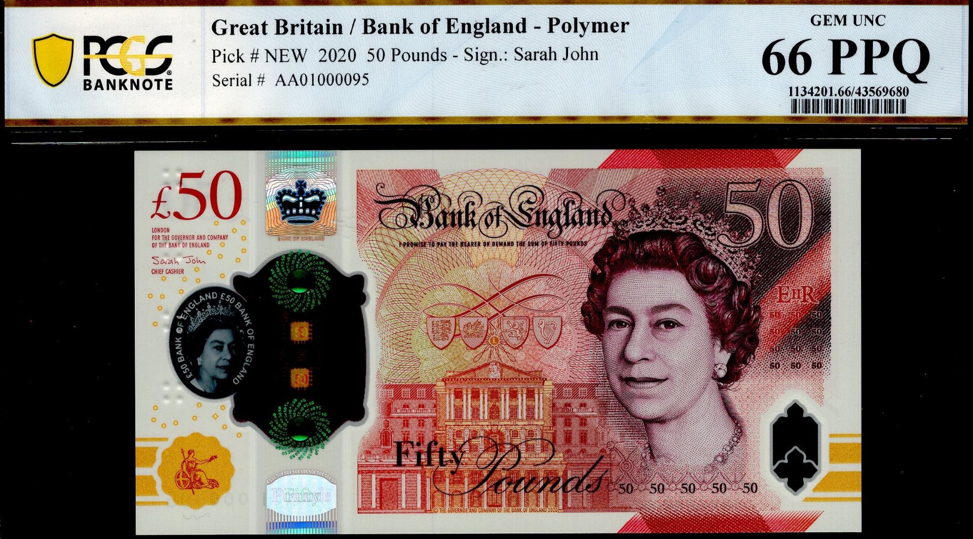 Bank of England, Sarah John, Â£50, 2020, serial number AA01 000095, in PCGS holder 66 EPQ, ge... - Image 2 of 2